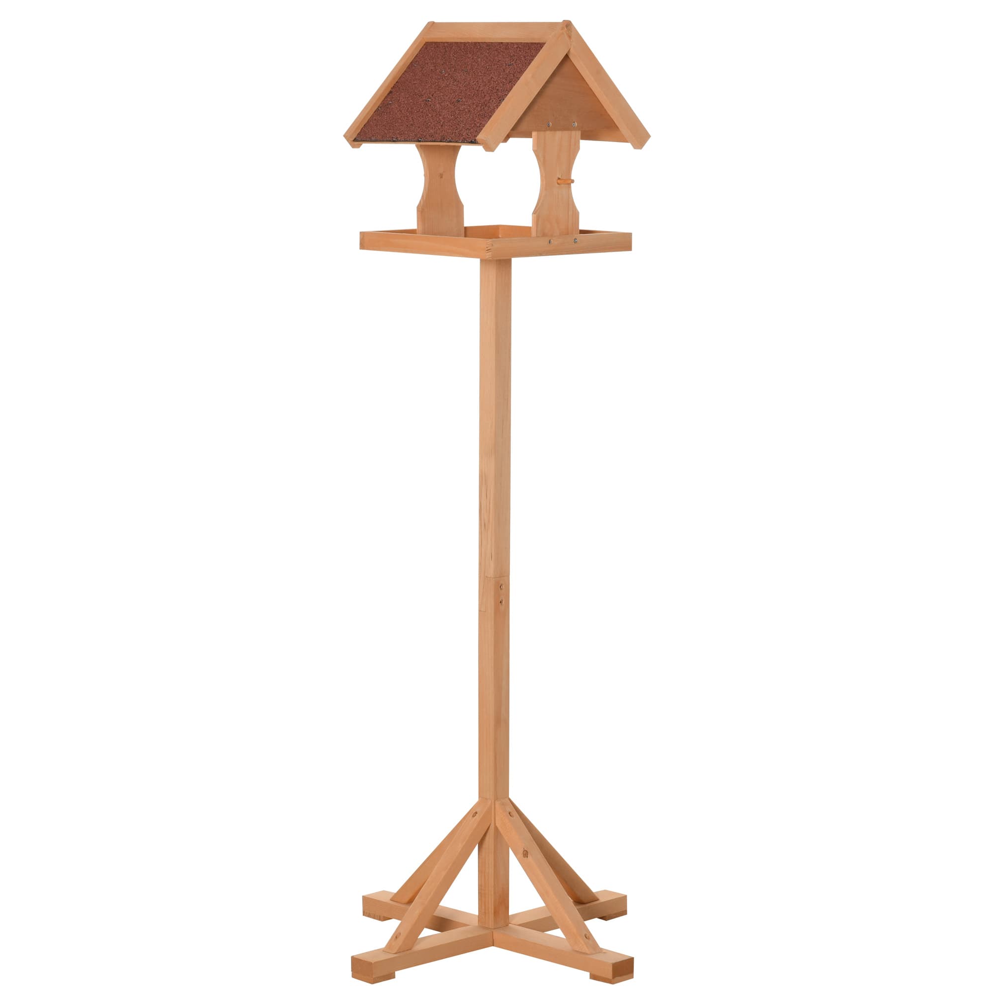 PawHut Bird Feeder Table, Wooden Freestanding Outdoor Feeding Station with Weatherproof Roof, Cross-shaped Base, Natural, 55 x 55 x 144cm | Aosom UK
