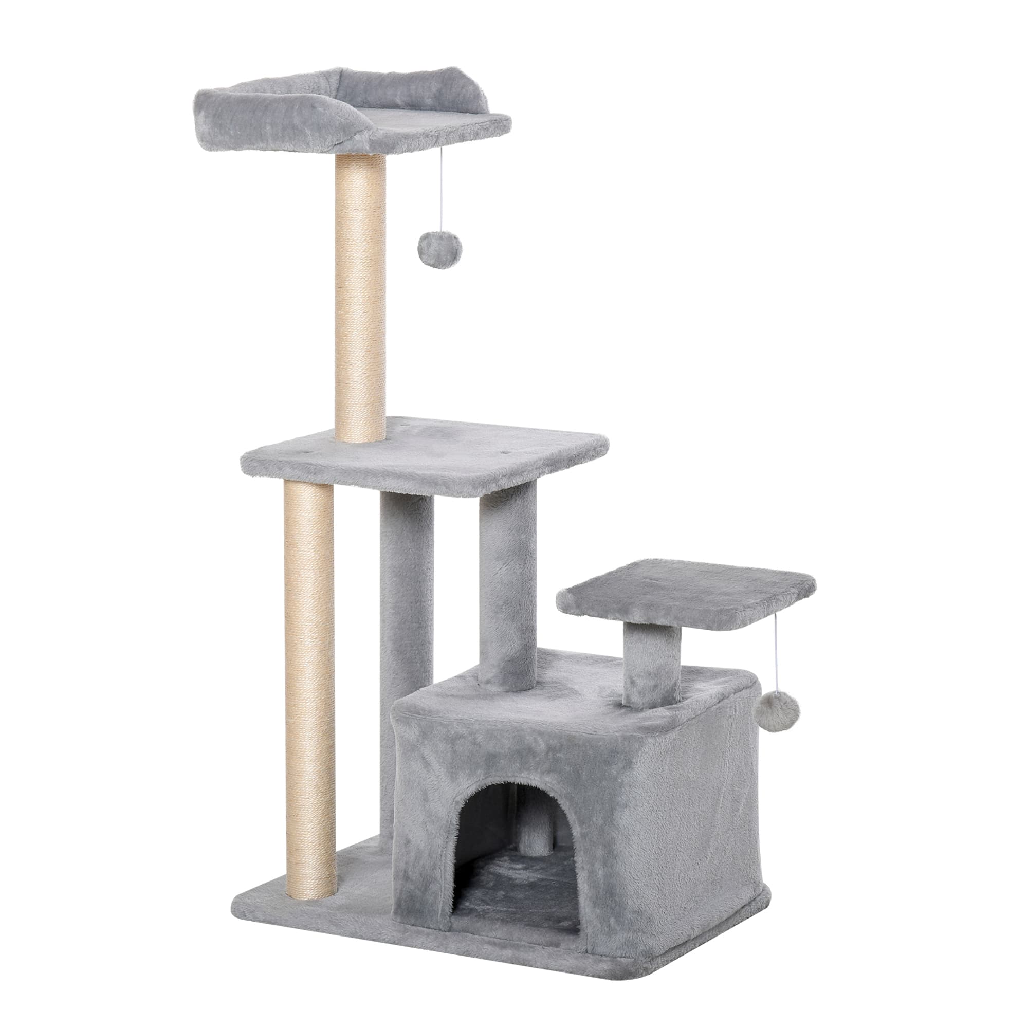PawHut Feline Fun Tower: 114cm Tall Activity Centre with Scratching Posts, Perch, Dangling Ball & Condo, Light Grey | Aosom UK