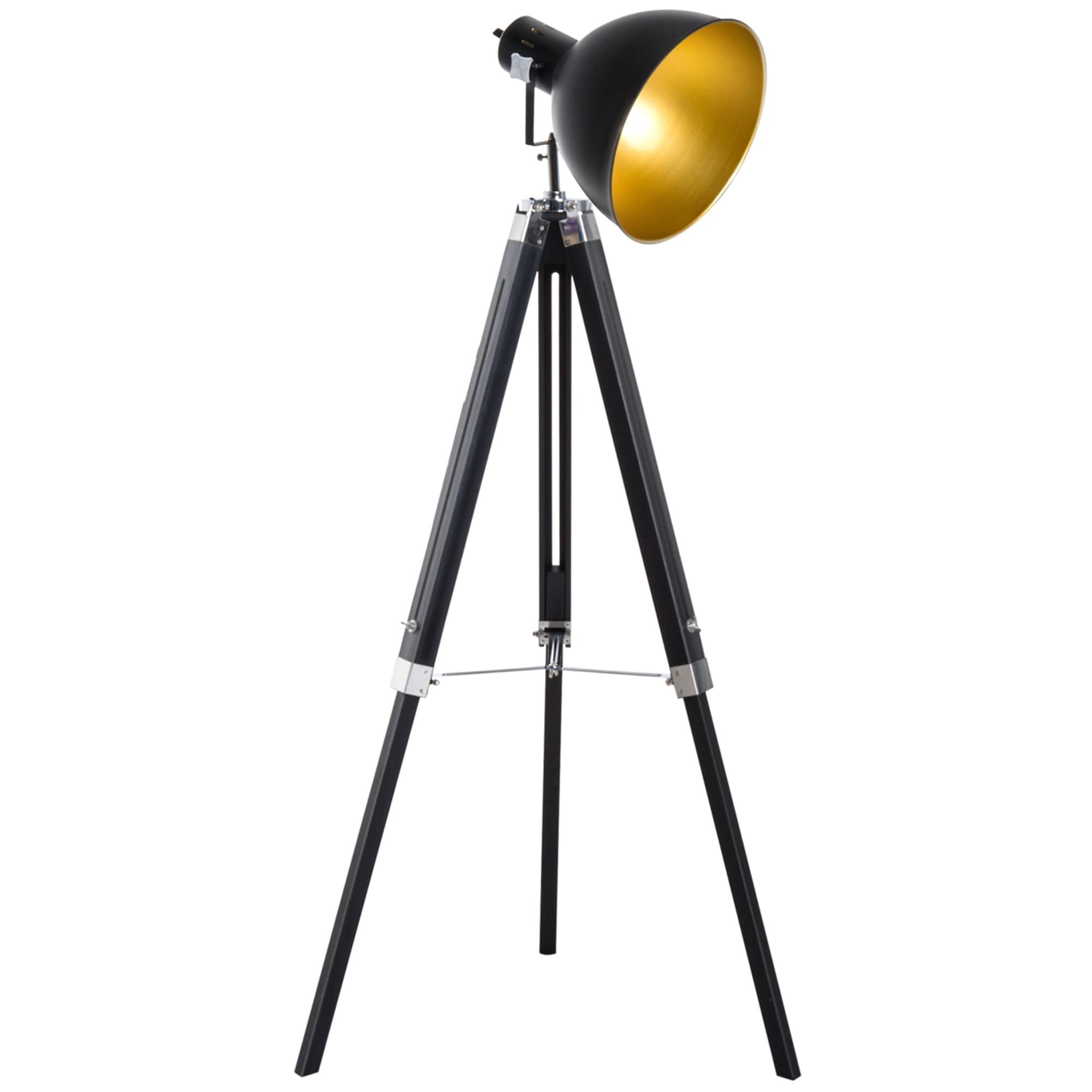 HOMCOM Tripod Spotlight: Wooden Legs, Metallic Shade, Stylish Illumination for Studios, Black & Gold | Aosom UK