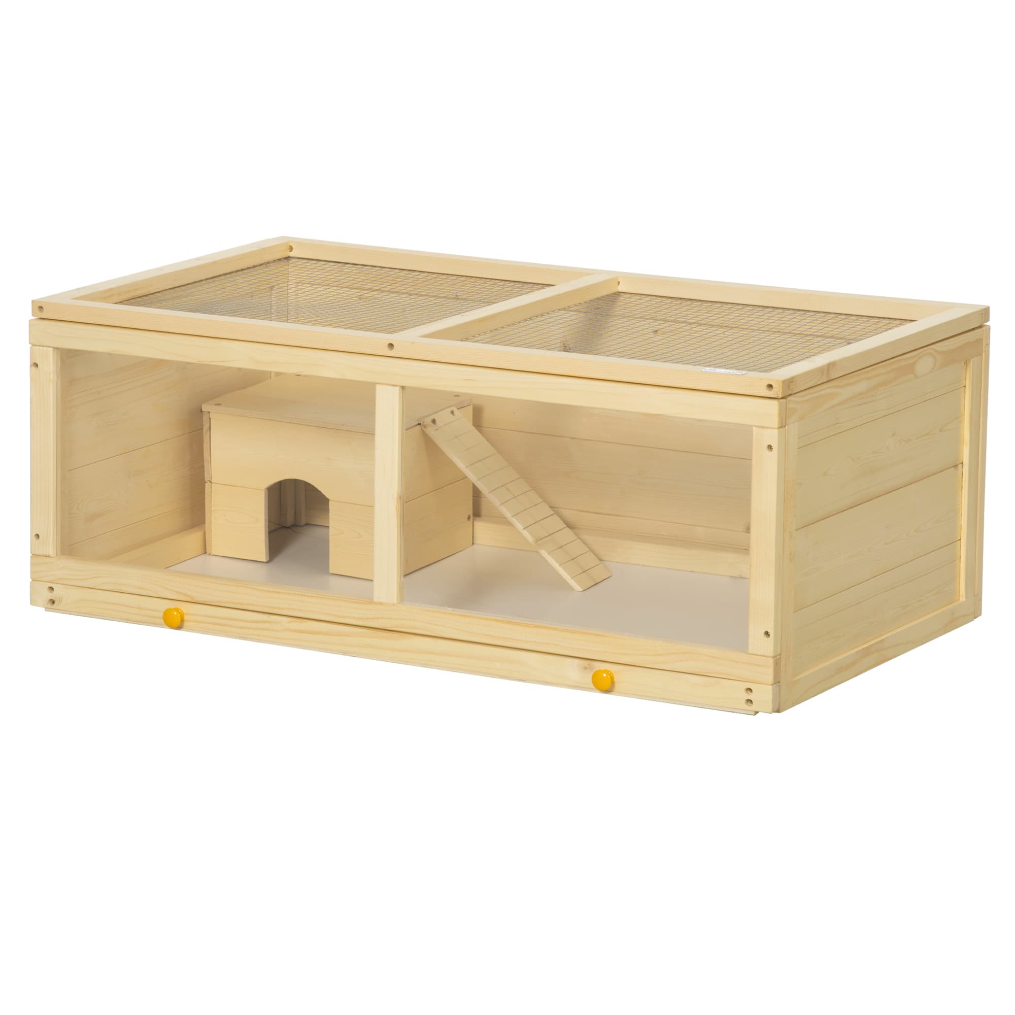 PawHut Syrian Hamster Cage with Sliding Tray, Openable Top, Wooden Hamster Enclosure, Natural Wood | Aosom UK