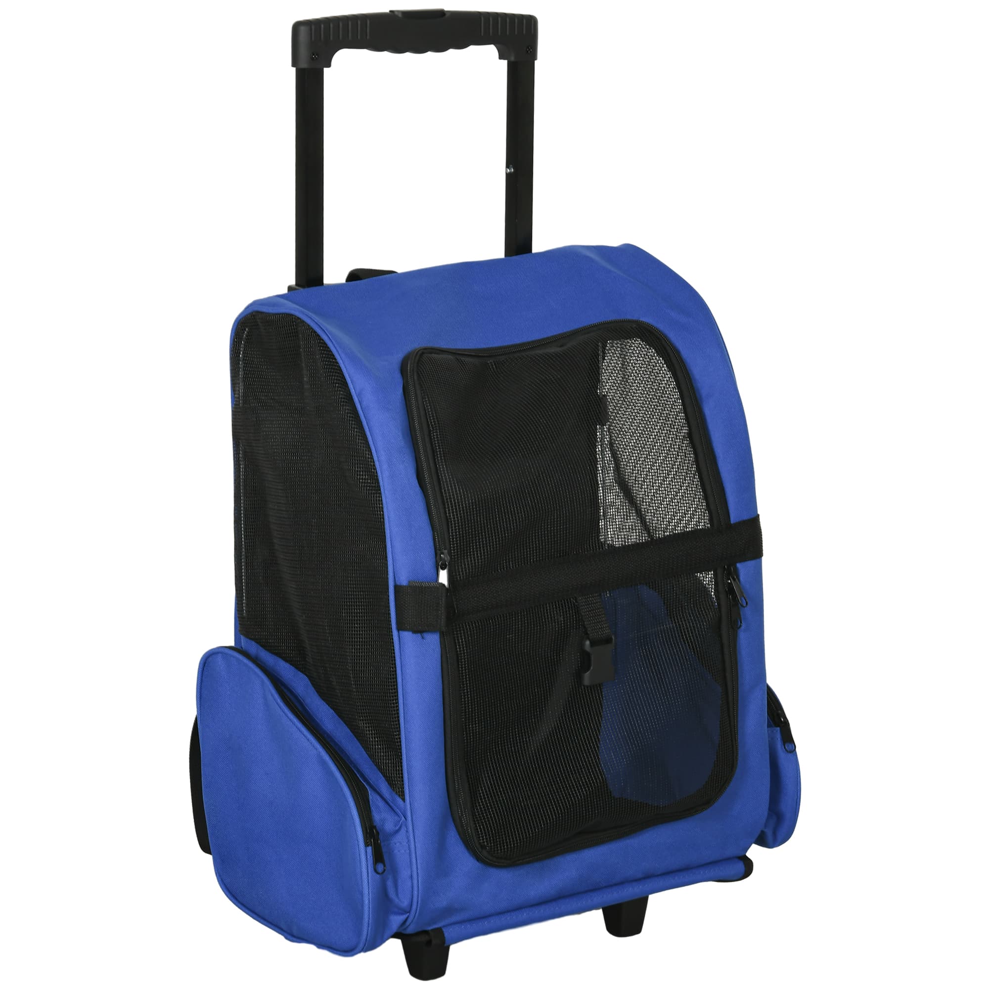 PawHut Portable Pet Carrier Backpack with Trolley, Telescopic Handle, Stroller Wheels for Cats & Dogs, 42 x 25 x 55 cm, Blue | Aosom UK