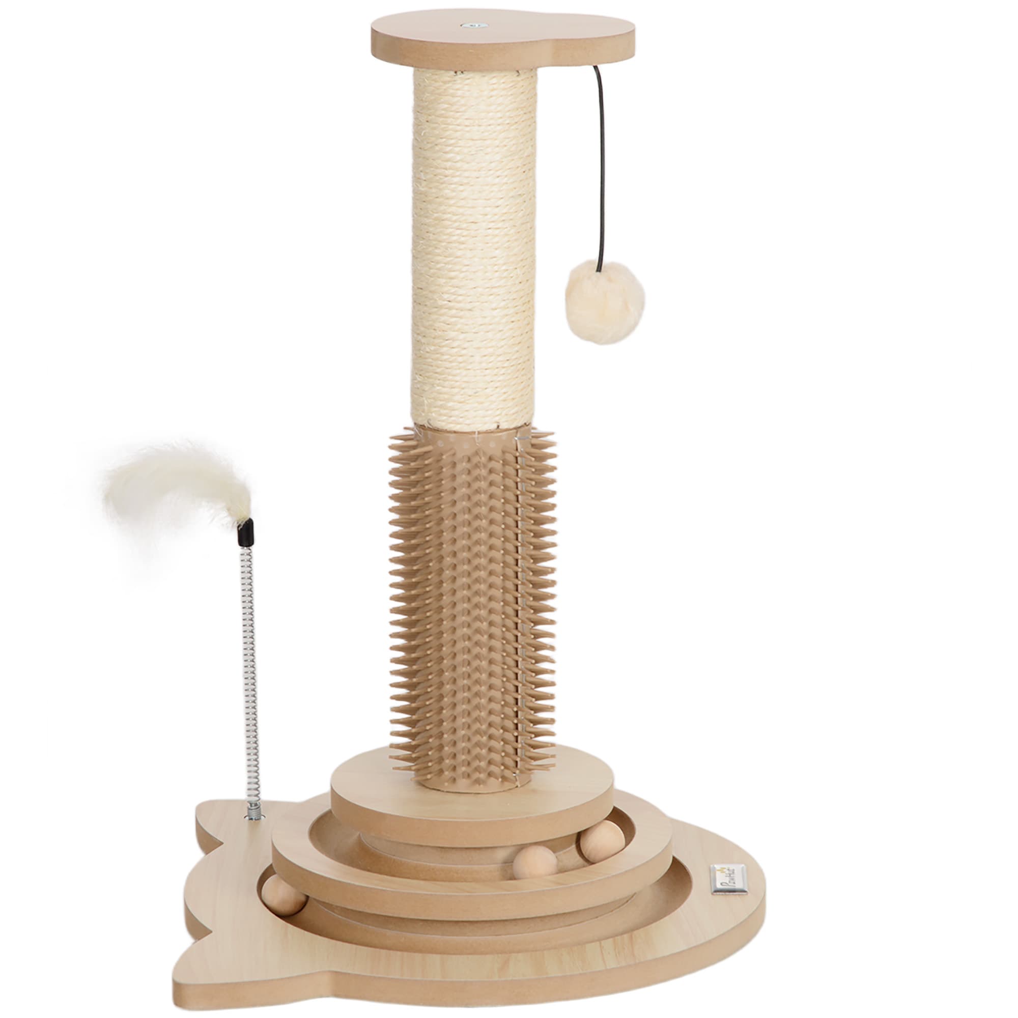 PawHut Scratching Post, 3 in 1 Cat Post with Sisal Post, Track Ball Toy, Self Grooming Brush, Hanging Toy Ball, Feather, Oak | Aosom UK thumbnail 2