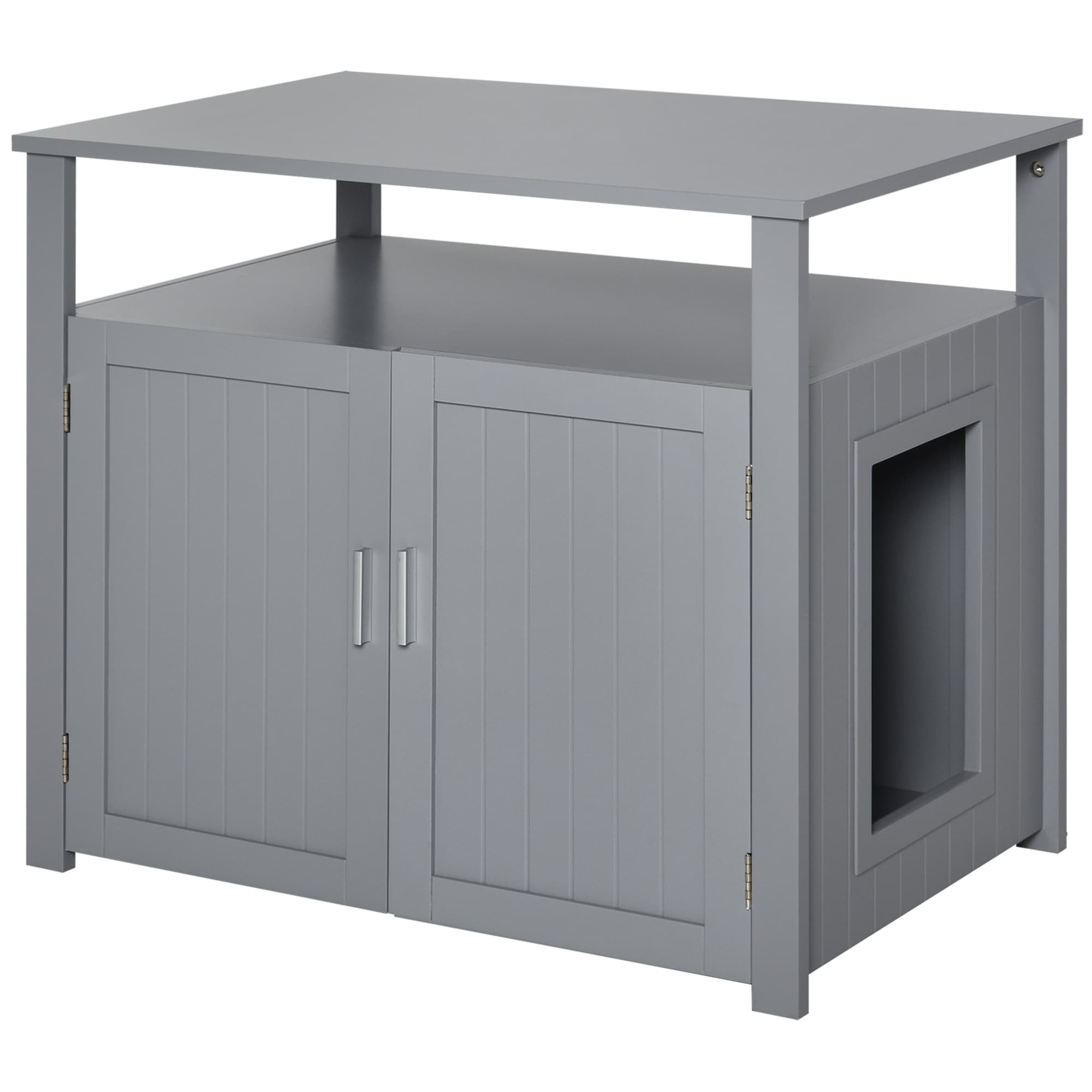 PawHut Wooden Cat Litter Box Enclosure Furniture with Adjustable Interior Wall & Large Tabletop for Nightstand, Grey | Aosom UK