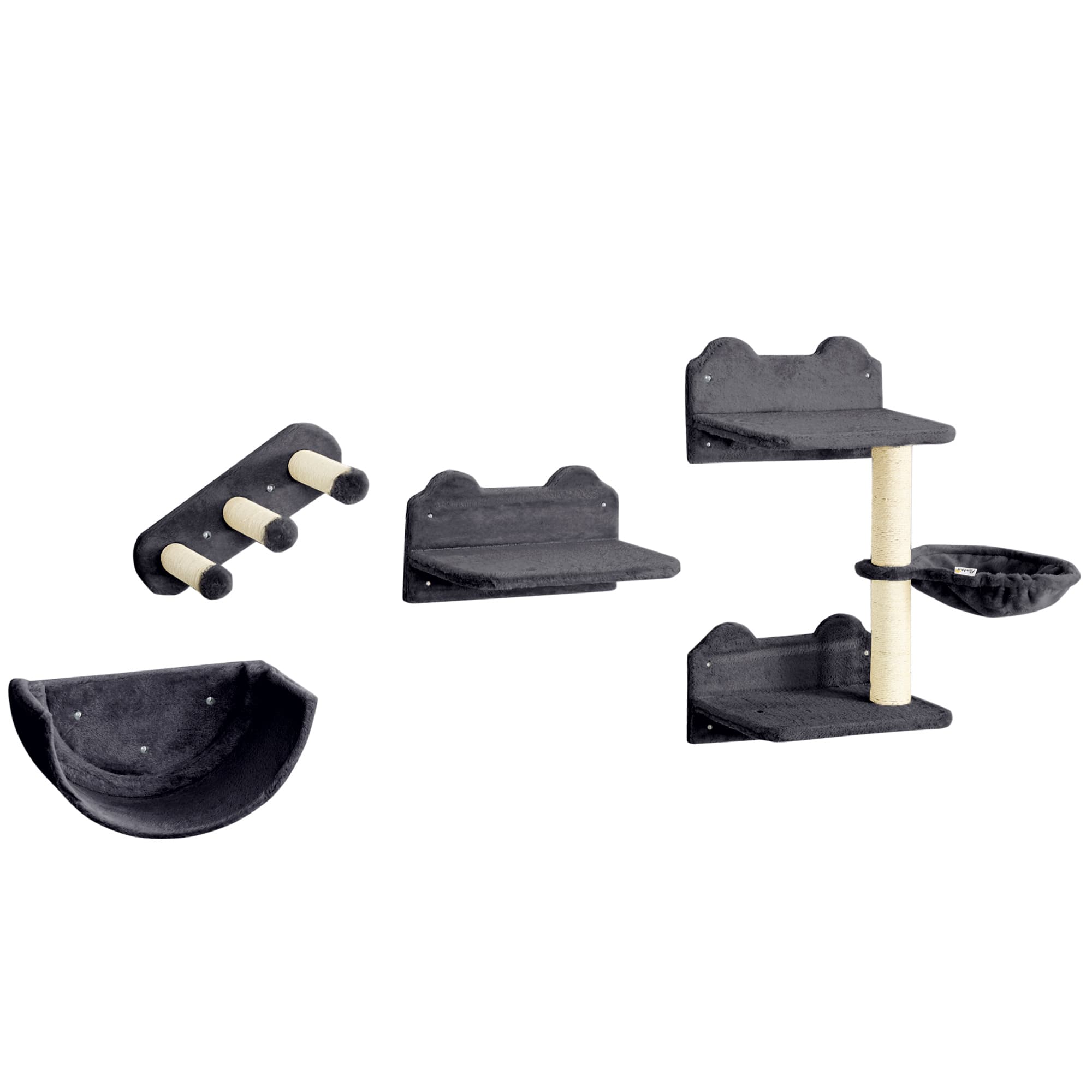 PawHut 4PCs Wall-Mounted Cat Shelves w/ Scratching Post, Hammock, Nest - Dark Grey | Aosom UK