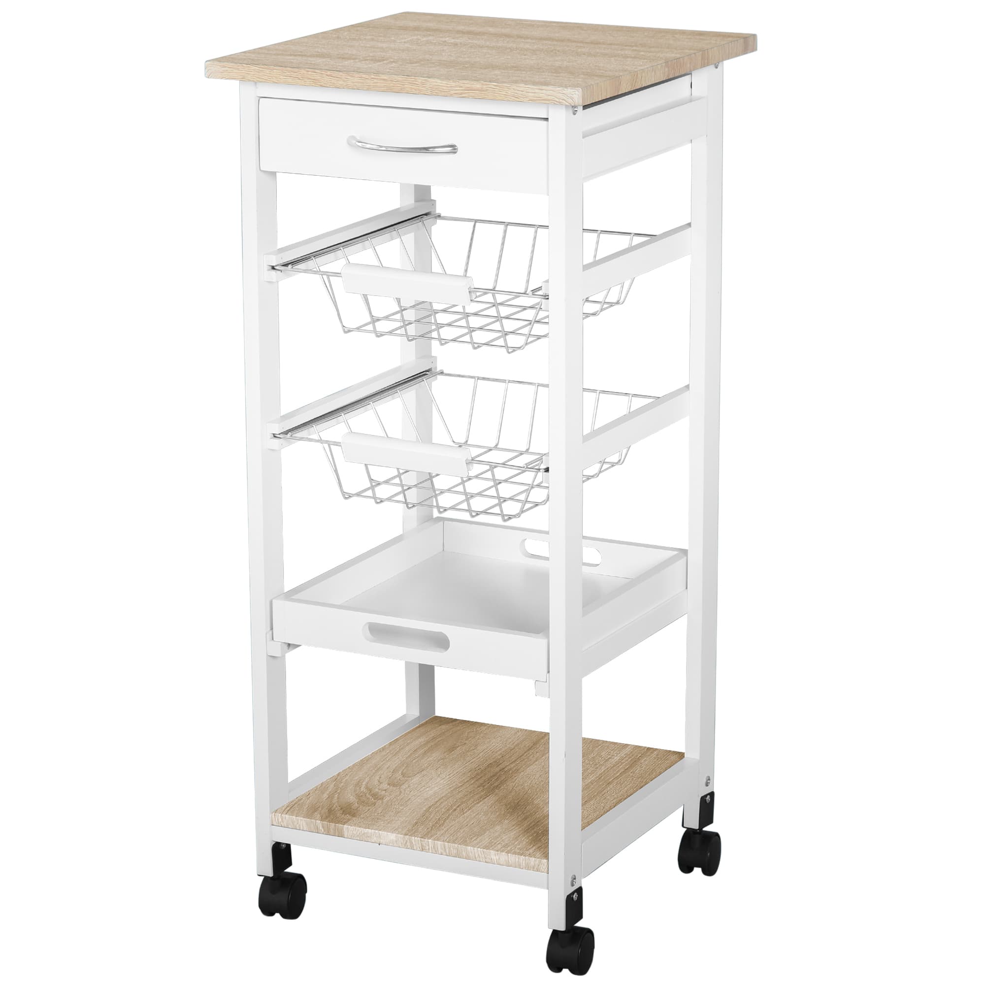 HOMCOM Mobile Rolling Kitchen Island Trolley for Living room, Serving Cart with Drawer & Basket, White | Aosom UK