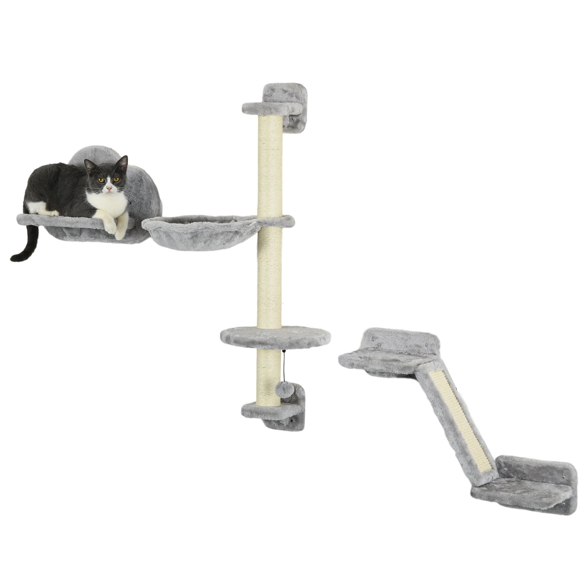PawHut Cat Shelves Fit Cat Up to 5kg, 3-Piece Set with Hammock, Jumping Platform, Ladder, Scratching Post, Safe for Cats to Play, Grey | Aosom UK