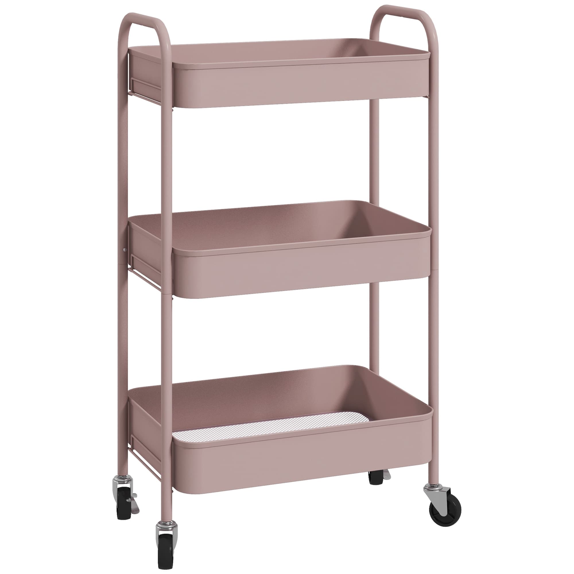 HOMCOM Three-Tier Steel Storage Trolley - Pink | Aosom UK