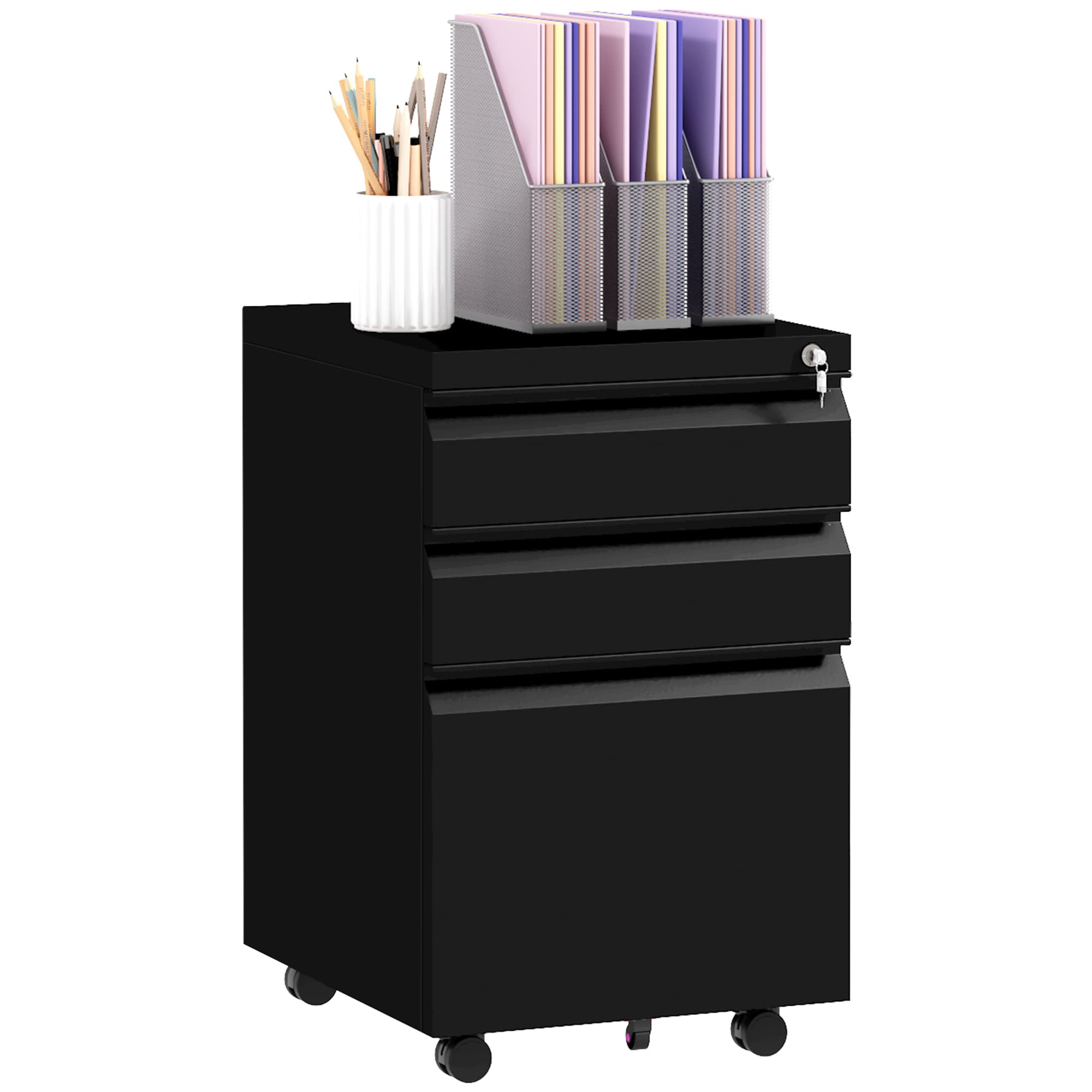 Vinsetto Steel Mobile File Cabinet, 3-Drawer, Lockable, Wheels, Pencil Tray, for A4/Legal, Black | Aosom UK