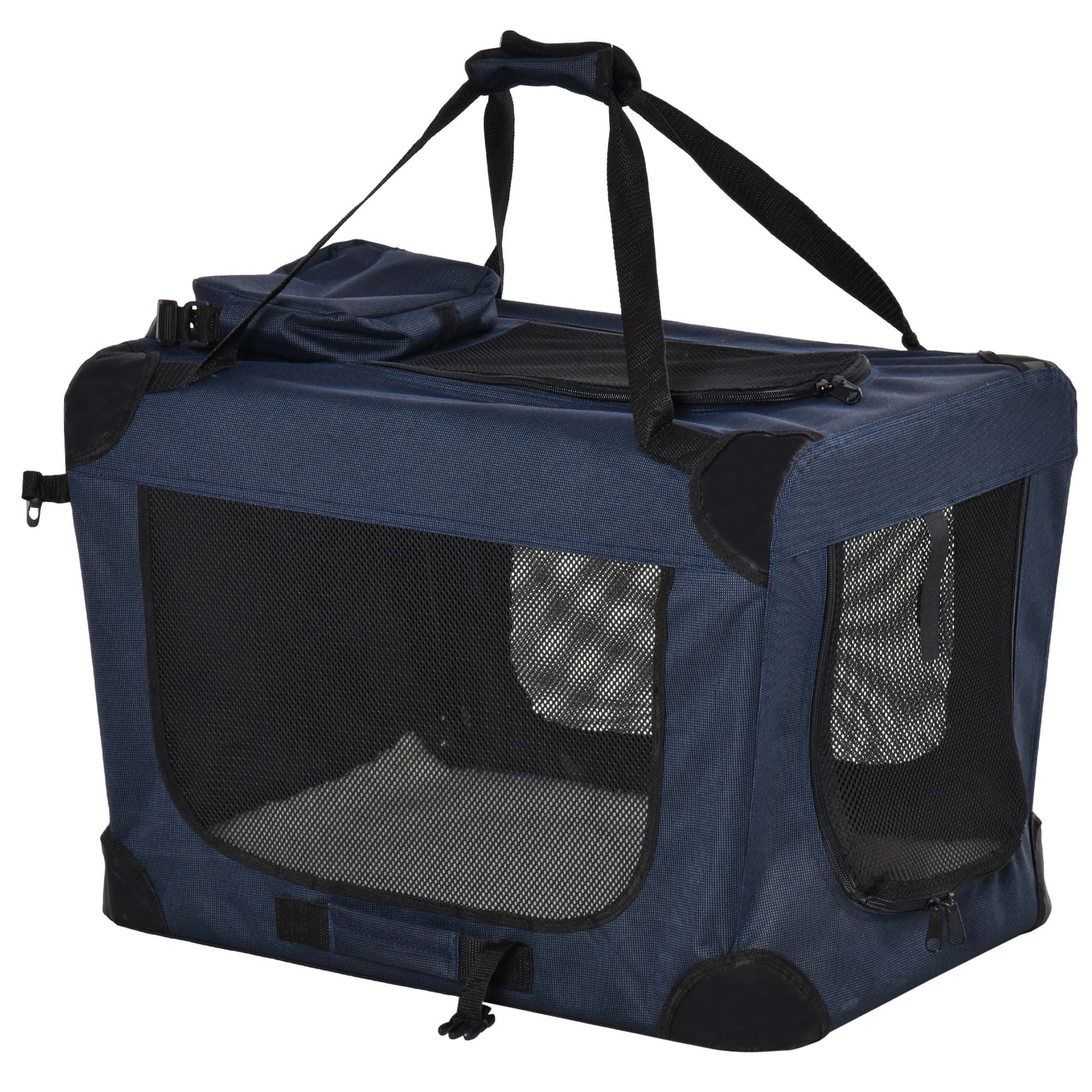 PawHut Folding Pet Carrier, Soft Portable Dog & Cat Crate with Cushion, Durable Travel Bag, 60 x 41.5 x 41 cm, Dark Blue | Aosom UK