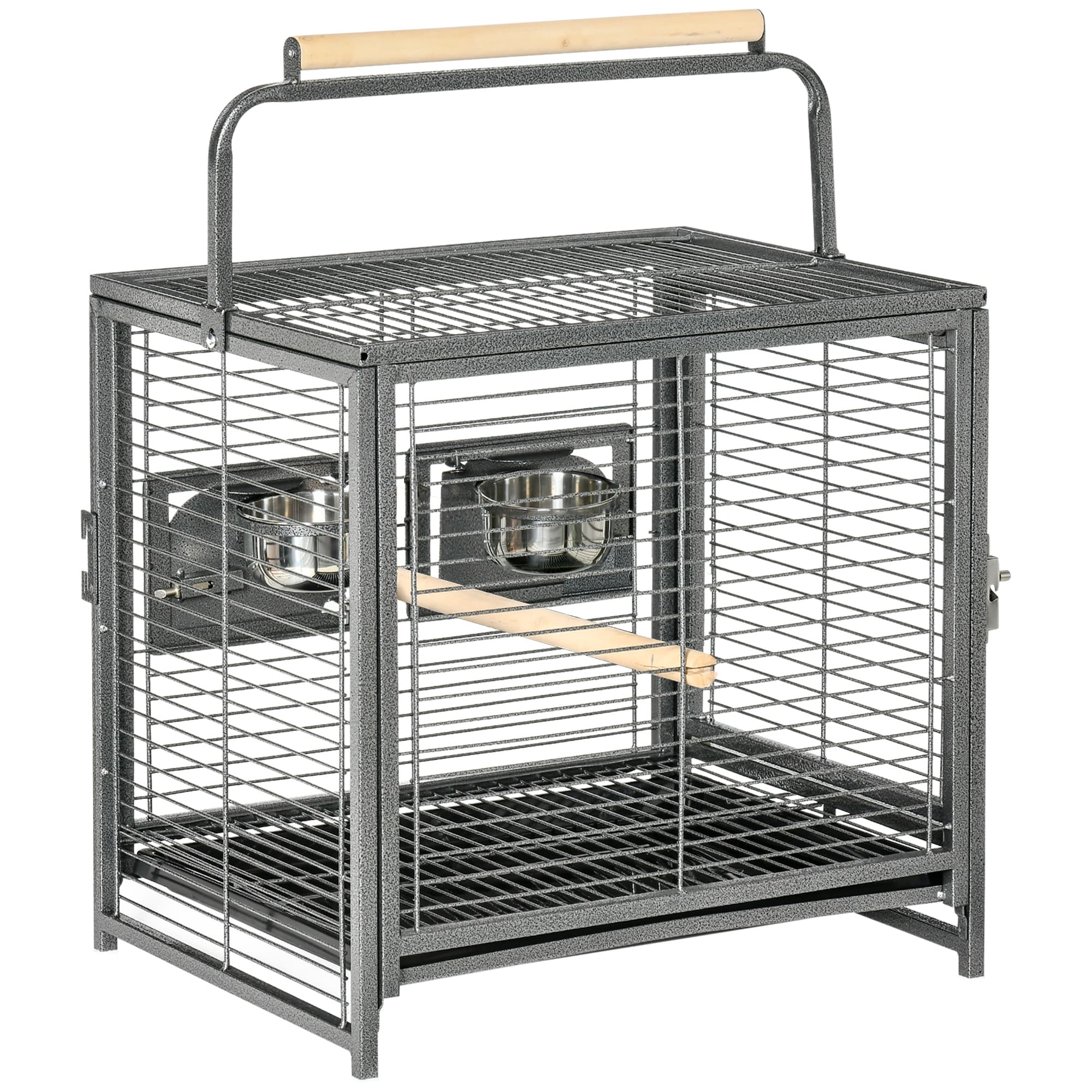 PawHut Metal Bird Cage, Portable Parrot Carrier for Green Cheek, Canary, Parakeet, Cockatiel, with Wooden Perch, Black | Aosom UK