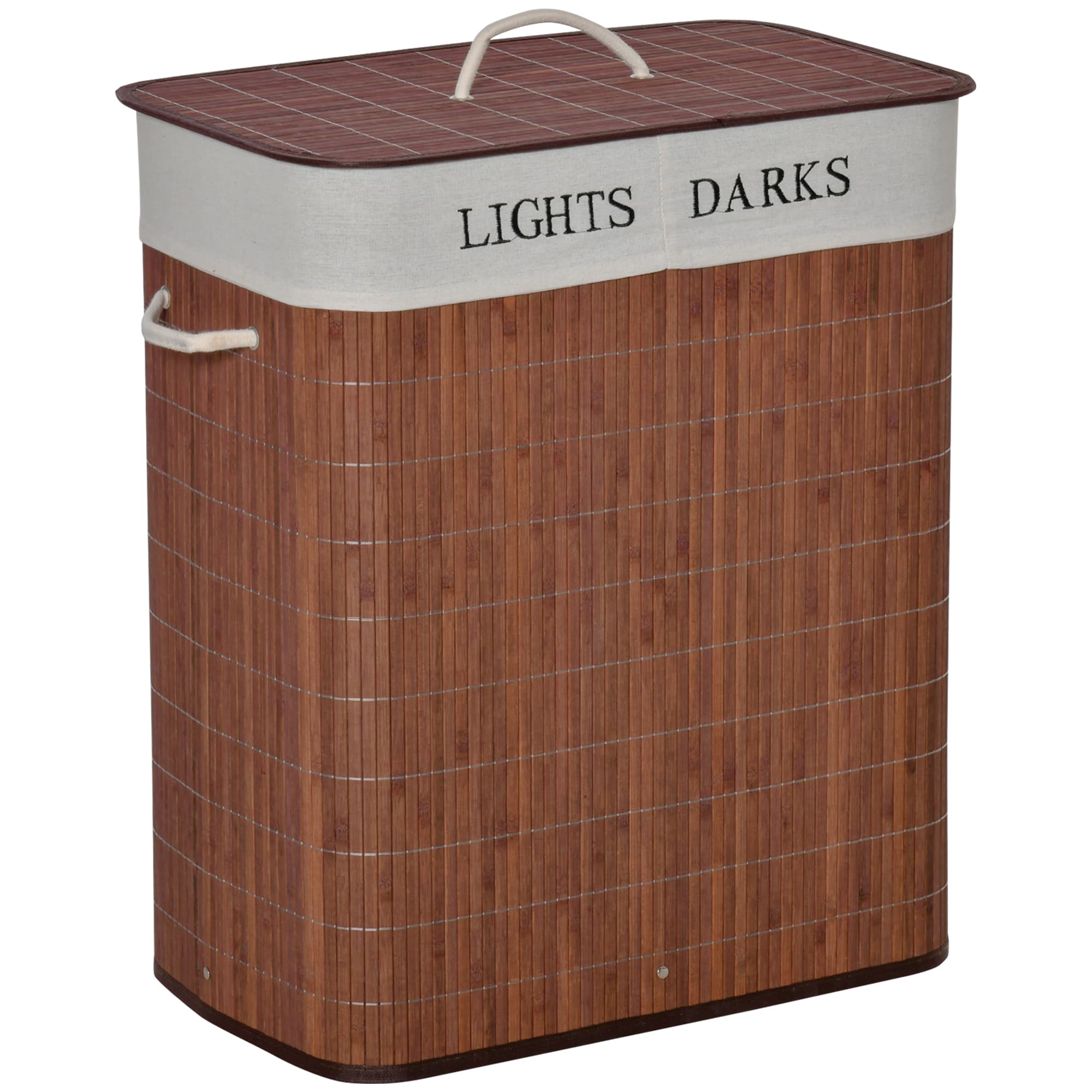 HOMCOM Laundry Basket 100L with Lid, Dual Section, Collapsible Hamper, Removable Liner, Water-Resistant, for Clothes Storage, Brown | Aosom UK