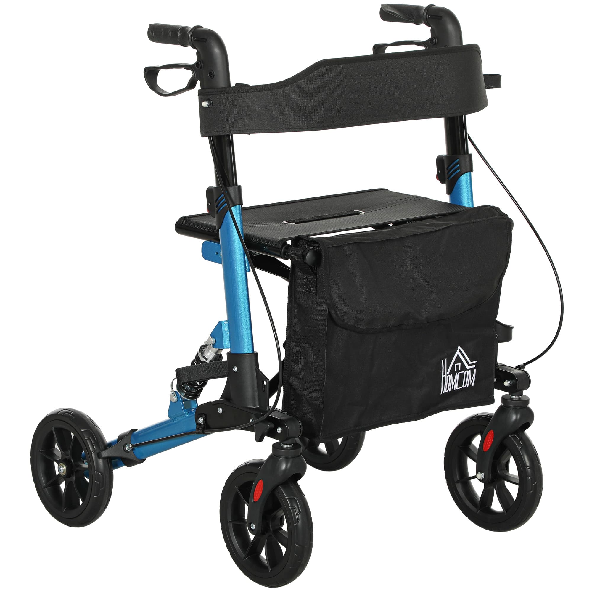 HOMCOM Folding Rollator Walker with Seat, Backrest, Lightweight Walking Frame with Storage Bag, Brakes, Suspension System, 4 Wheeled Walker, Blue