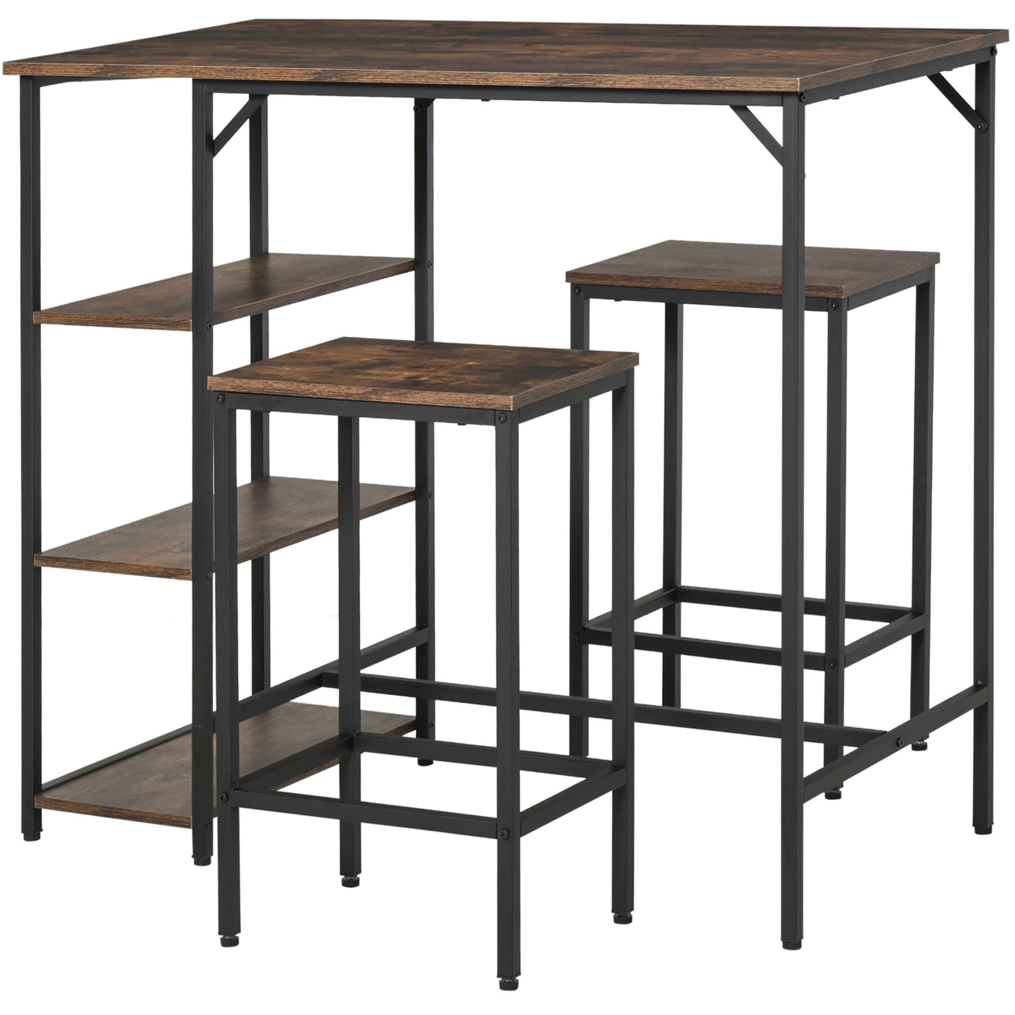 HOMCOM Bar Table and Stools w/ 2 Stools & Side Shelf, Dining Table Set w/ Industrial Bar Height, Coffee Table for Kitchen, Dinette | Aosom UK