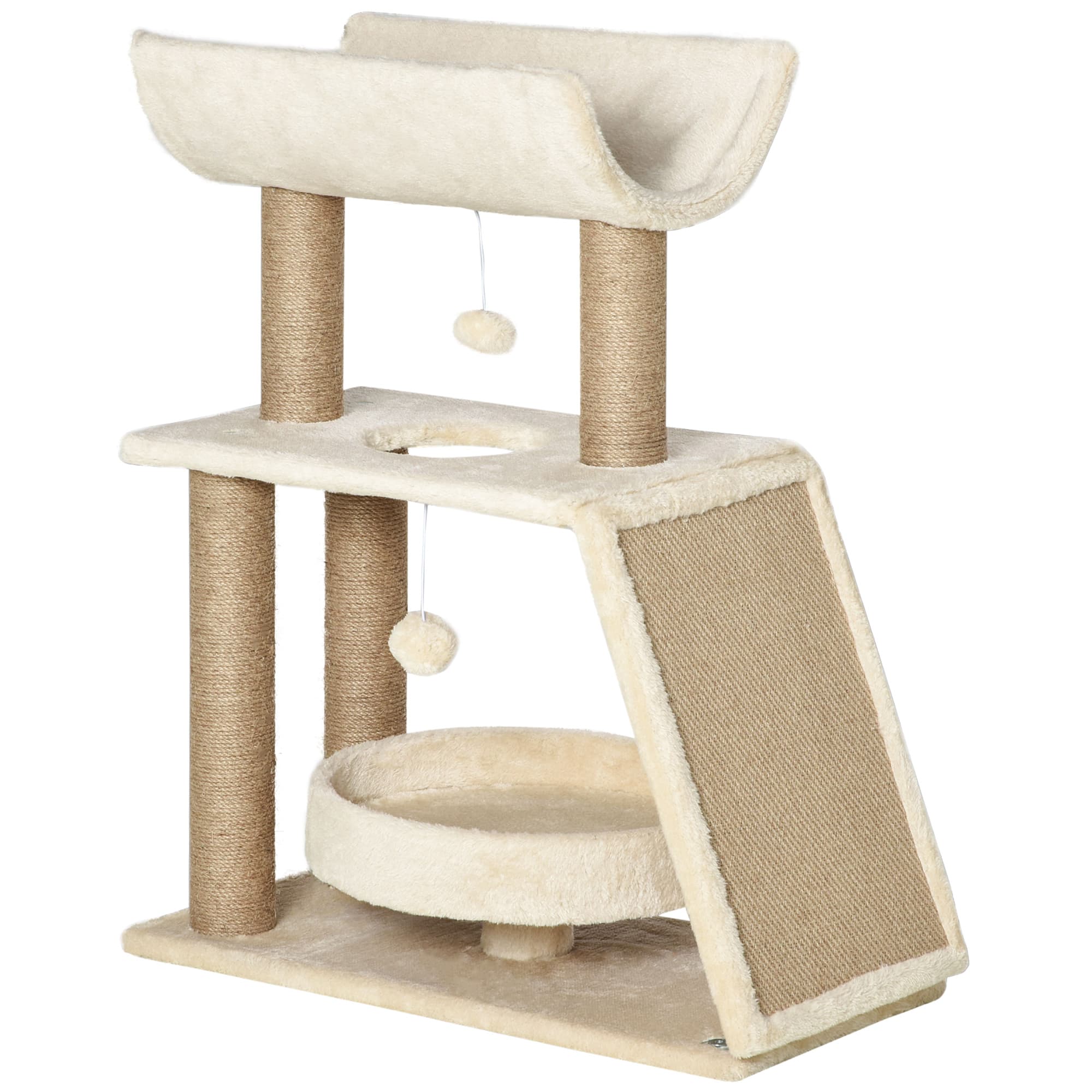 PawHut Cat Climbing Tree, Scratch Pad, Cosy Bed Perch, Play Ball, for Indoor Cats, 60 x 30 x 76 cm, Light Brown | Aosom UK