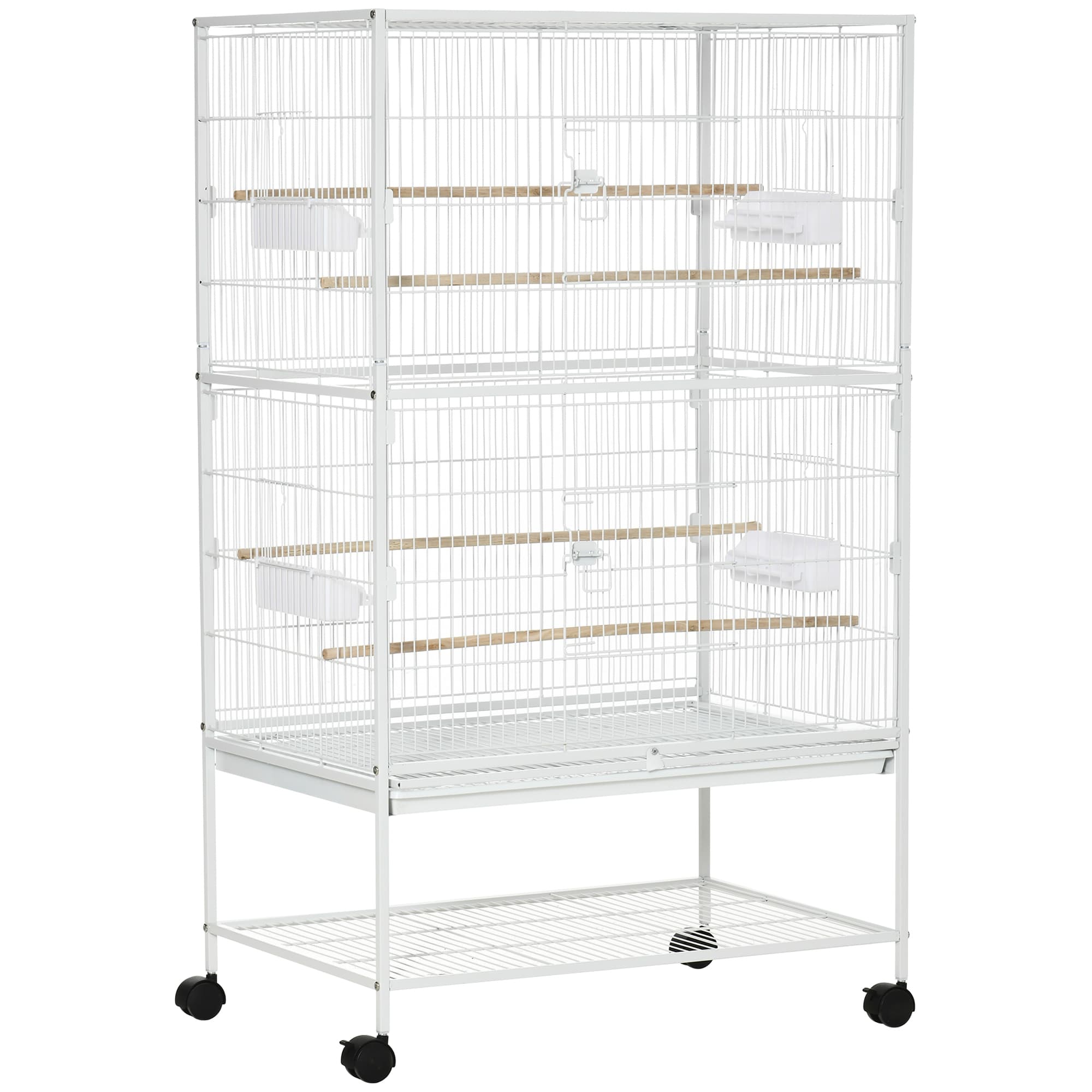 PawHut Large Aviary Bird Cage for Canaries, Budgies with Rolling Stand, Slide-out Cleaning Tray, Perch, Food Containers, White | Aosom UK