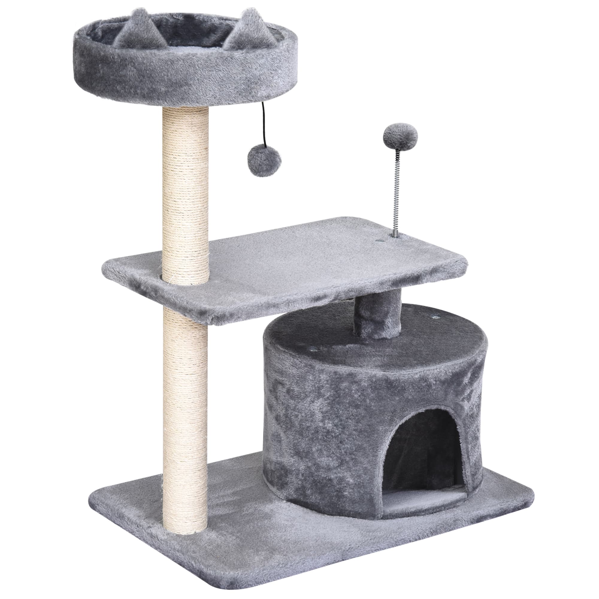 PawHut 3-Tier Cat Scratching Post with Sisal Rope & Play Toys, Durable Activity Centre for Cats, Grey | Aosom UK