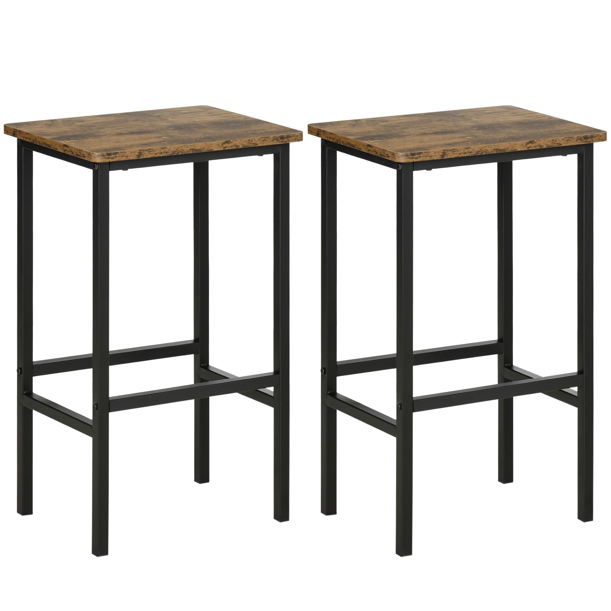 HOMCOM Industrial Bar Chair: Set of 2 Rustic Bar Stools with Footrest, for Dining Area, Home Pub, Counter Bar Stool, Brown | Aosom UK