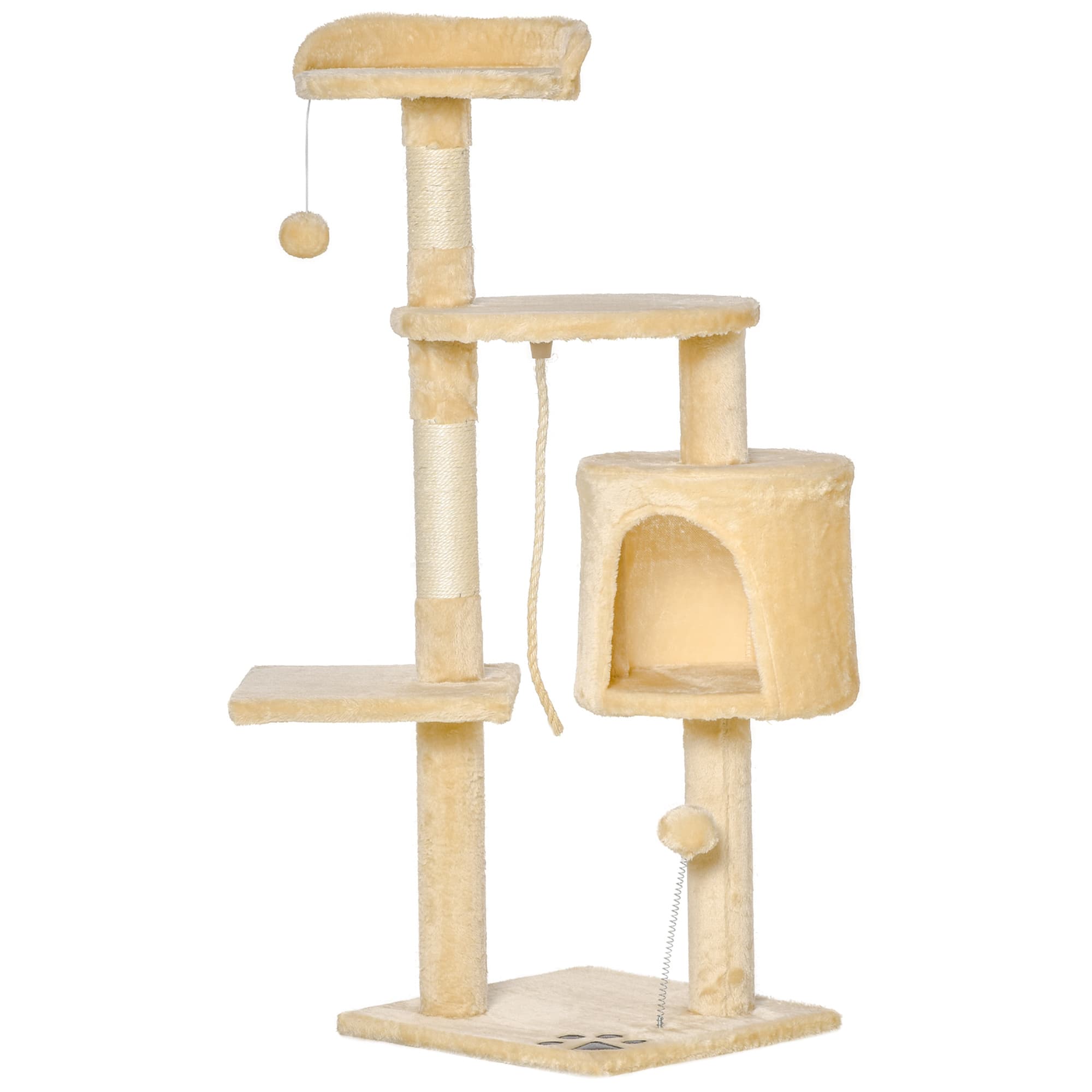 PawHut Cat Tree House, Multi-Level Activity Centre with Scratching Posts, 114 cm High, Beige