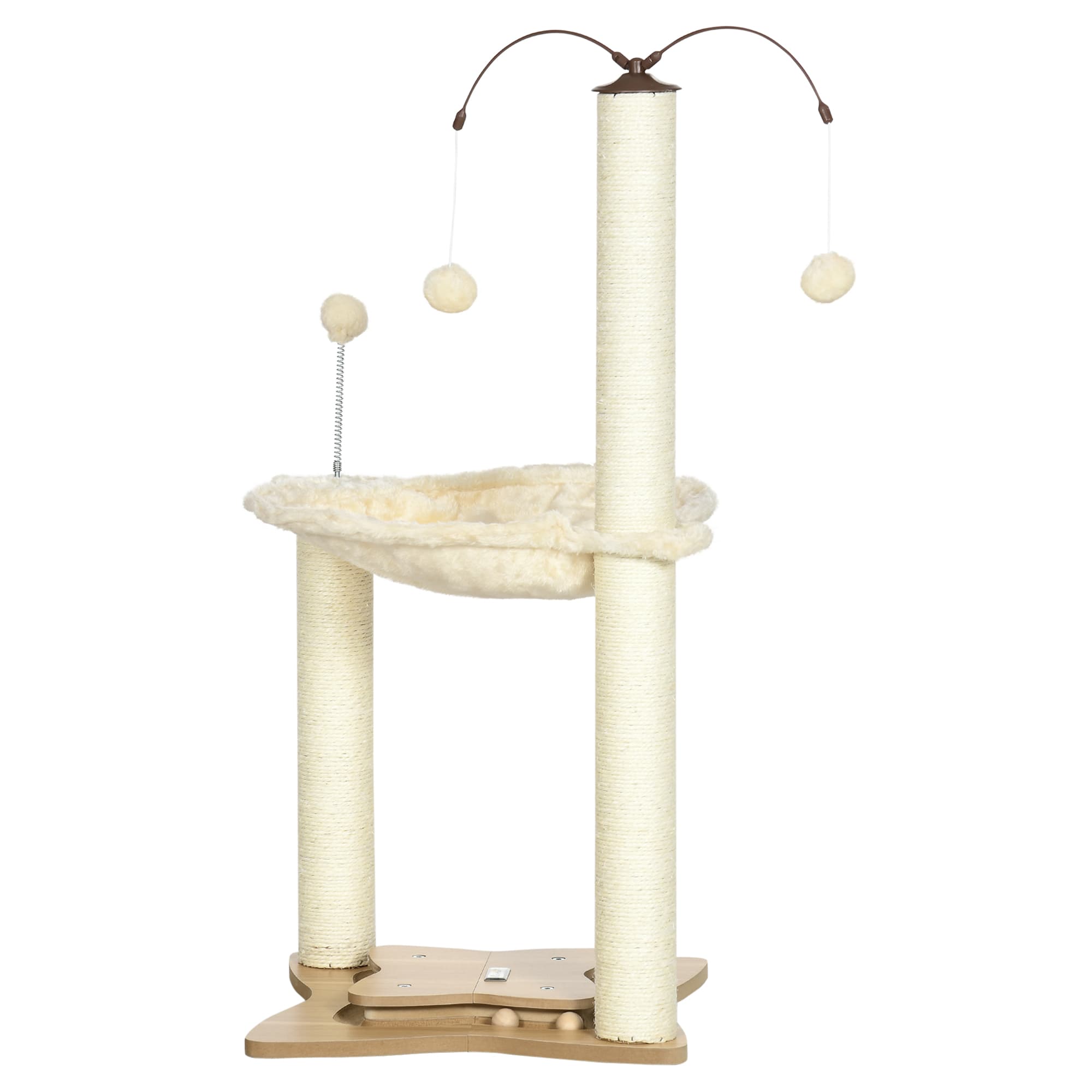 PawHut Cat Tree Indoor Kitten Play Tower, Sisal Scratching Posts with Hammock & Ball Toy, 53.5x53.5x90 cm, Beige | Aosom UK