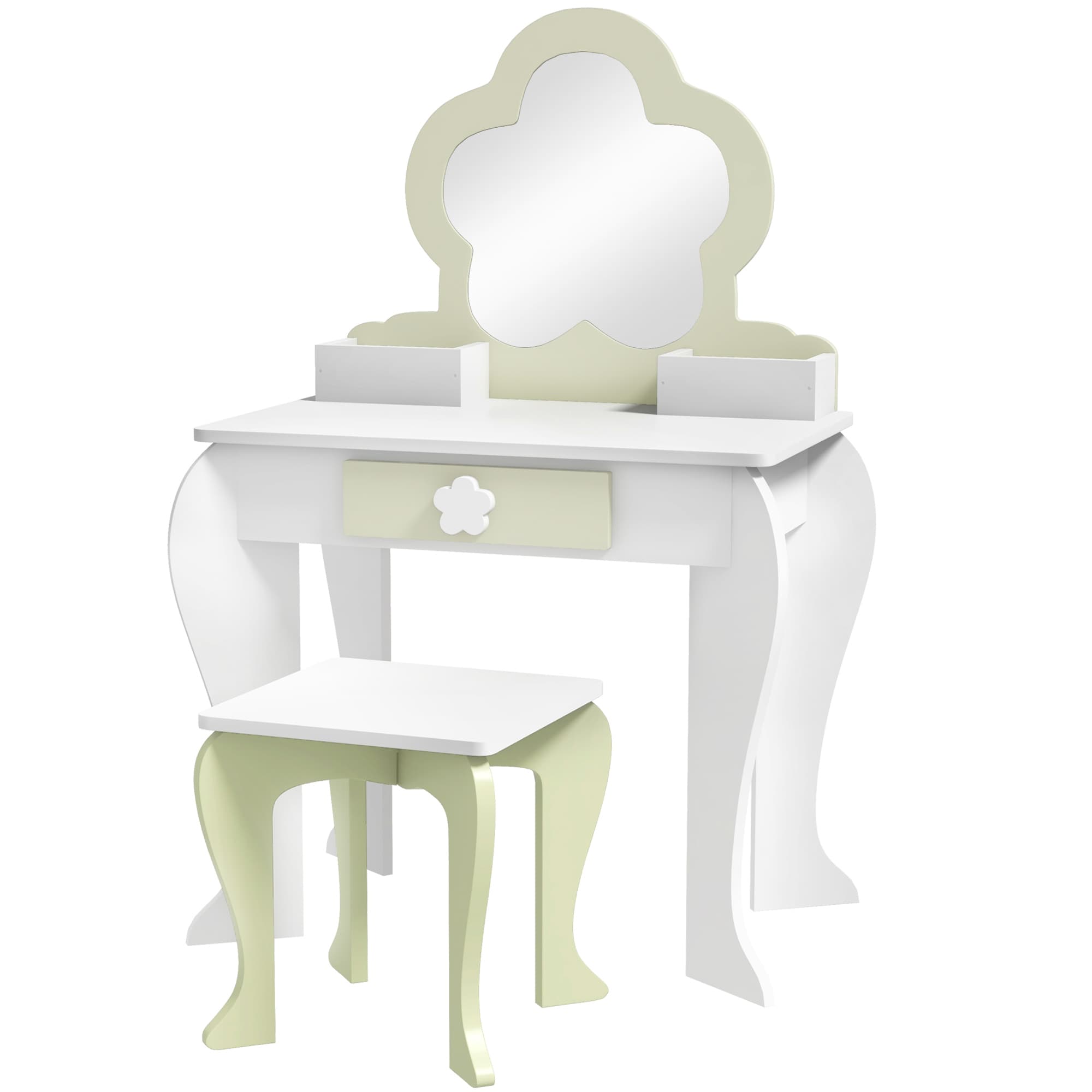 ZONEKIZ Kids Vanity Table with Mirror and Stool, Drawer, Storage Boxes, Beauty Flower Design, for 3-6 Years Old, White | Aosom UK