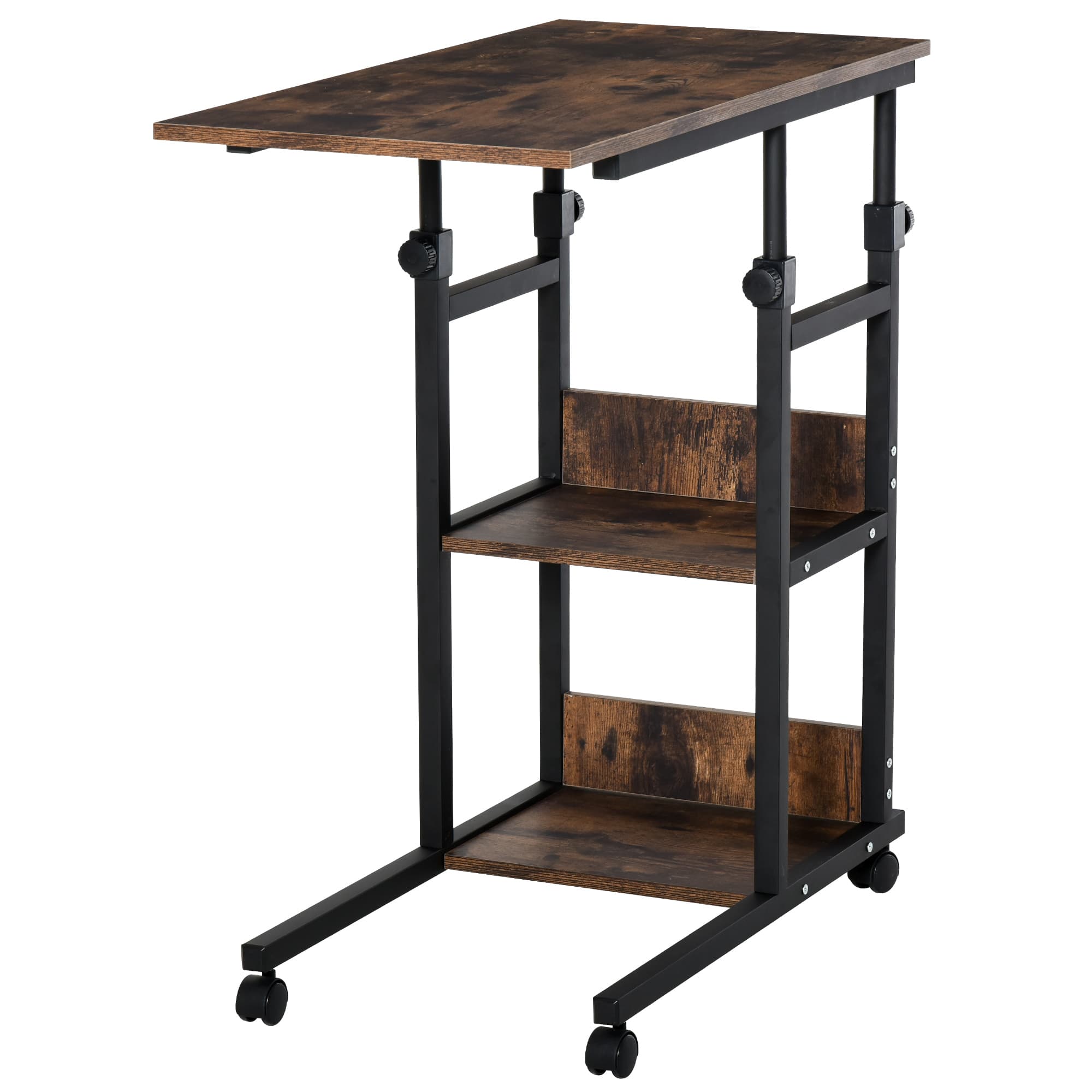 HOMCOM Industrial C-Shaped End Tables, Mobile Overbed Table with 3-Tier Storage, Adjustable Height, Wheels, Brown | Aosom UK