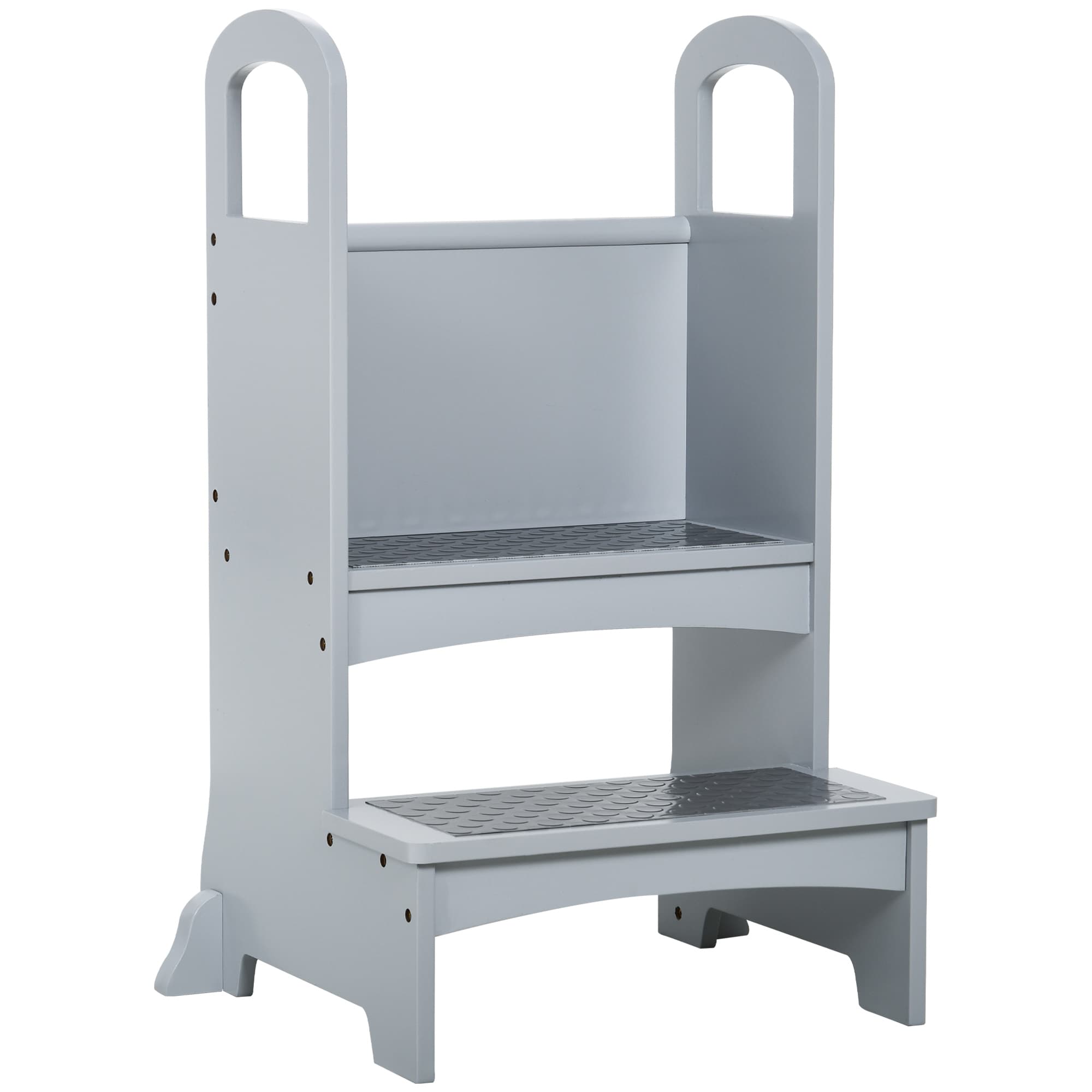 HOMCOM Kids Wooden Step Stool Kitchen Helper w/ Non-Slip Panels Handles Child Toddler Home Help 3 - 8 Yrs Grey | Aosom UK