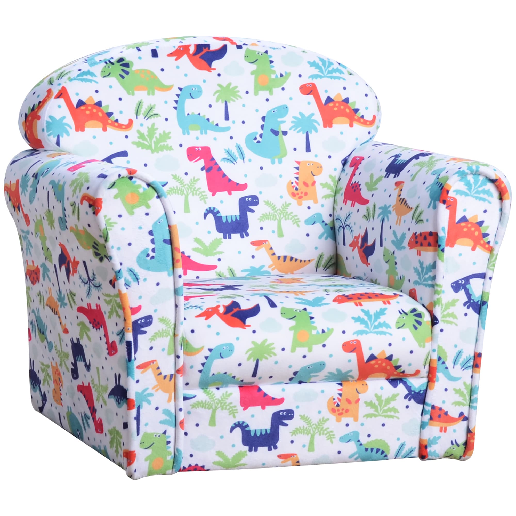 HOMCOM Children Armchair Kids Sofa Tub Chair Seat Cartoon Dinosaur Pattern Bedroom Flannel Wooden Frame Non-slip Playroom Seater | Aosom UK