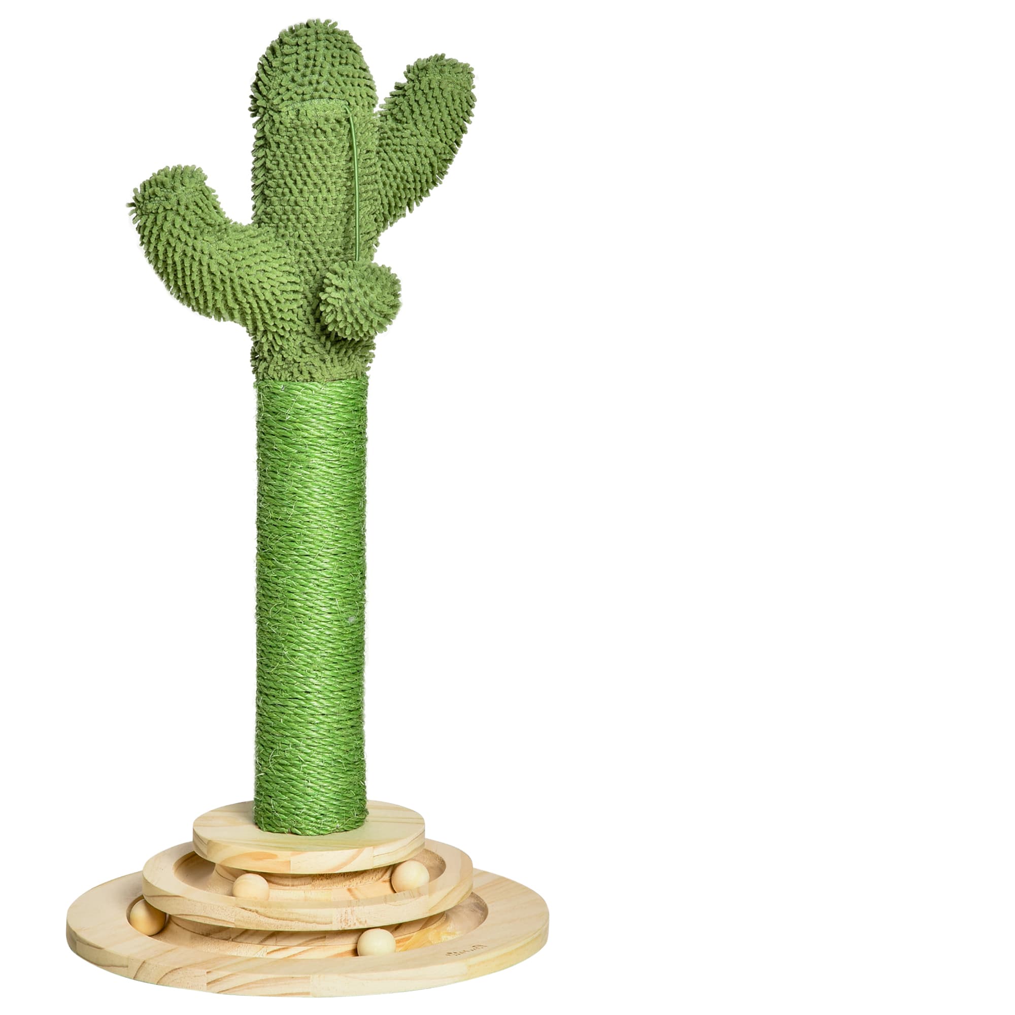 PawHut Cactus-Shaped Cat Tree Tower, Green, with Sisal Scratching Post, Hanging Ball, Funny Cat Ball Platform, 32 x 32 x 60cm | Aosom UK
