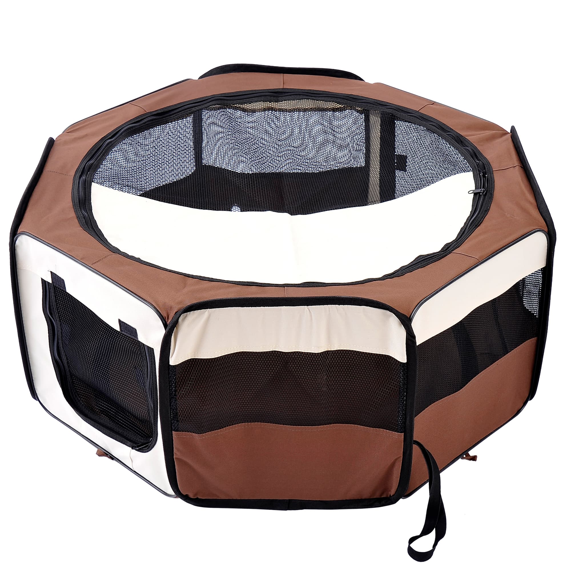 PawHut Fabric Pet Puppy Dog Cat Rabbit Pig Guinea Playpen Play Pen Run Dia90 x 41H cm Brown and Cream | Aosom UK
