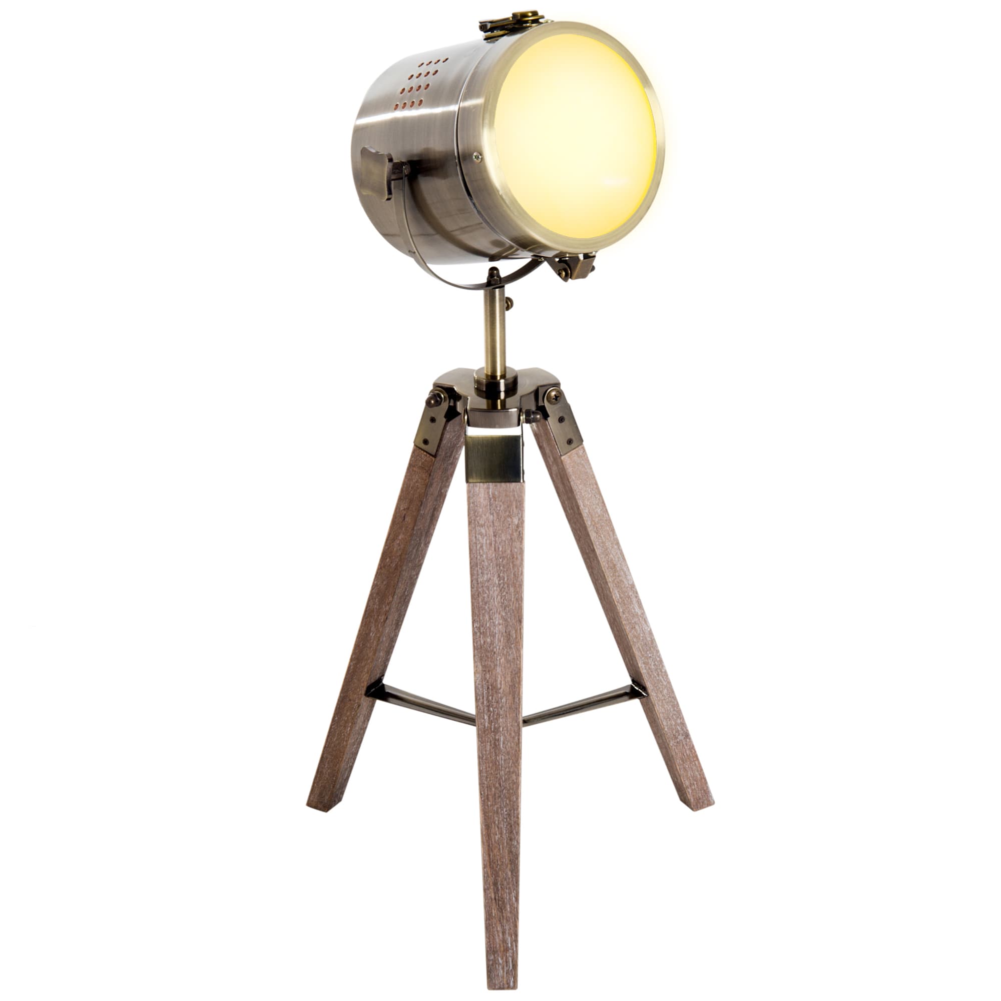 HOMCOM Bedside Light, Vintage Tripod Table Desk Lamp, Spotlight, Brass Antique Searchlight with Folded Wooden Base | Aosom UK