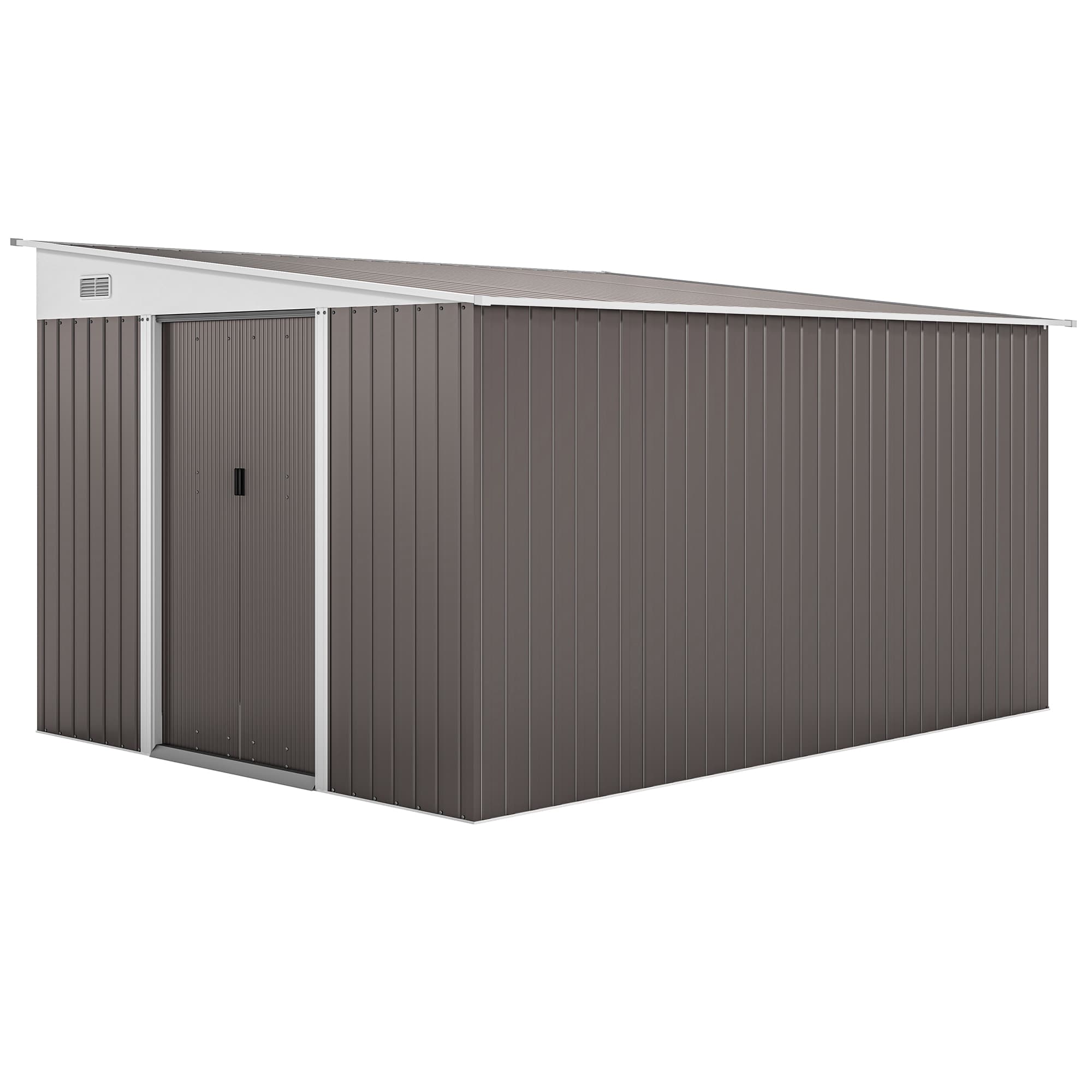 Outsunny 11 x 9 ft Metal Garden Storage Shed Sloped roof Tool House with Double Sliding Doors and 2 Air Vents, Grey