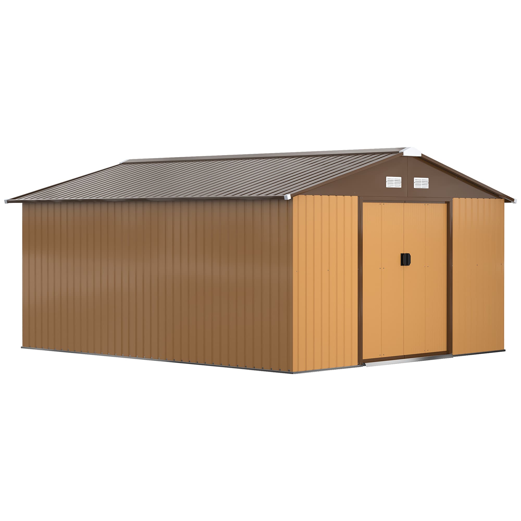 Outsunny 13 x 11 ft Metal Garden Shed Large Patio Roofed Tool Storage Box with Foundation Ventilation and Sliding Doors, Light Brown | Aosom UK