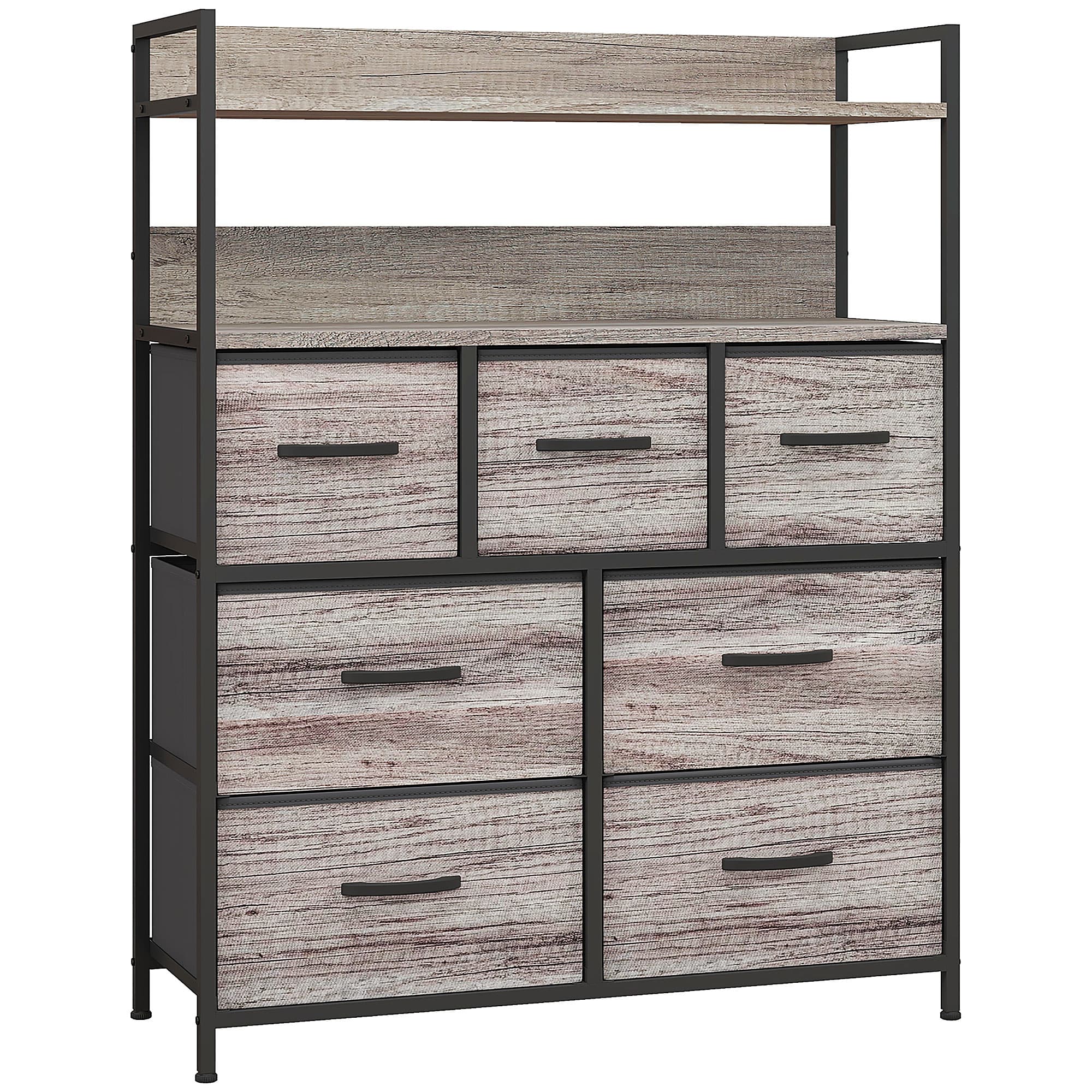 HOMCOM Rustic Chest of Seven Fabric Drawers - Grey Wood Effect | Aosom UK