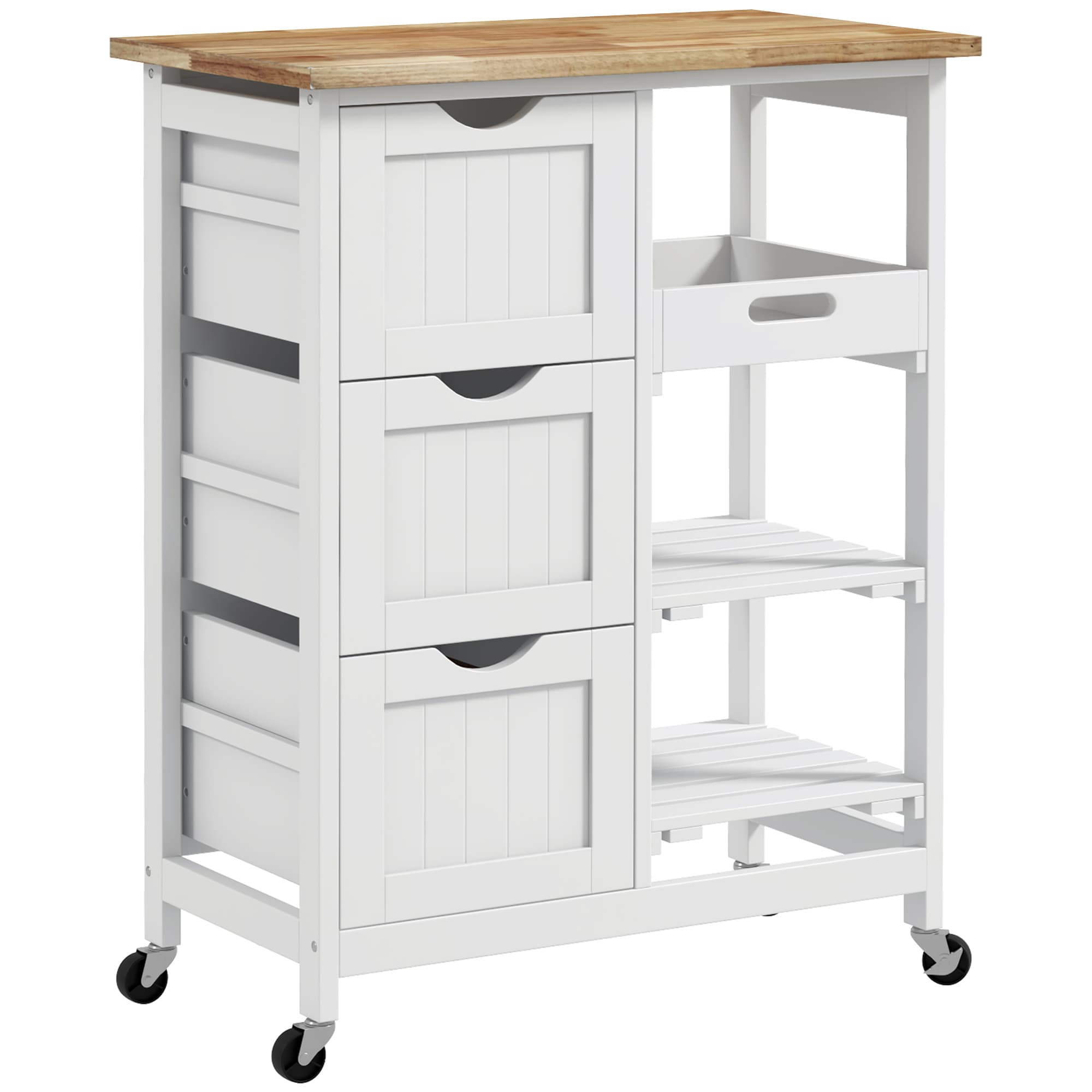 HOMCOM Rolling Kitchen Island Cart, Bar Serving Cart, Compact Trolley on Wheels with Wood Top, Shelves & Drawers for Home Dining, White | Aosom UK