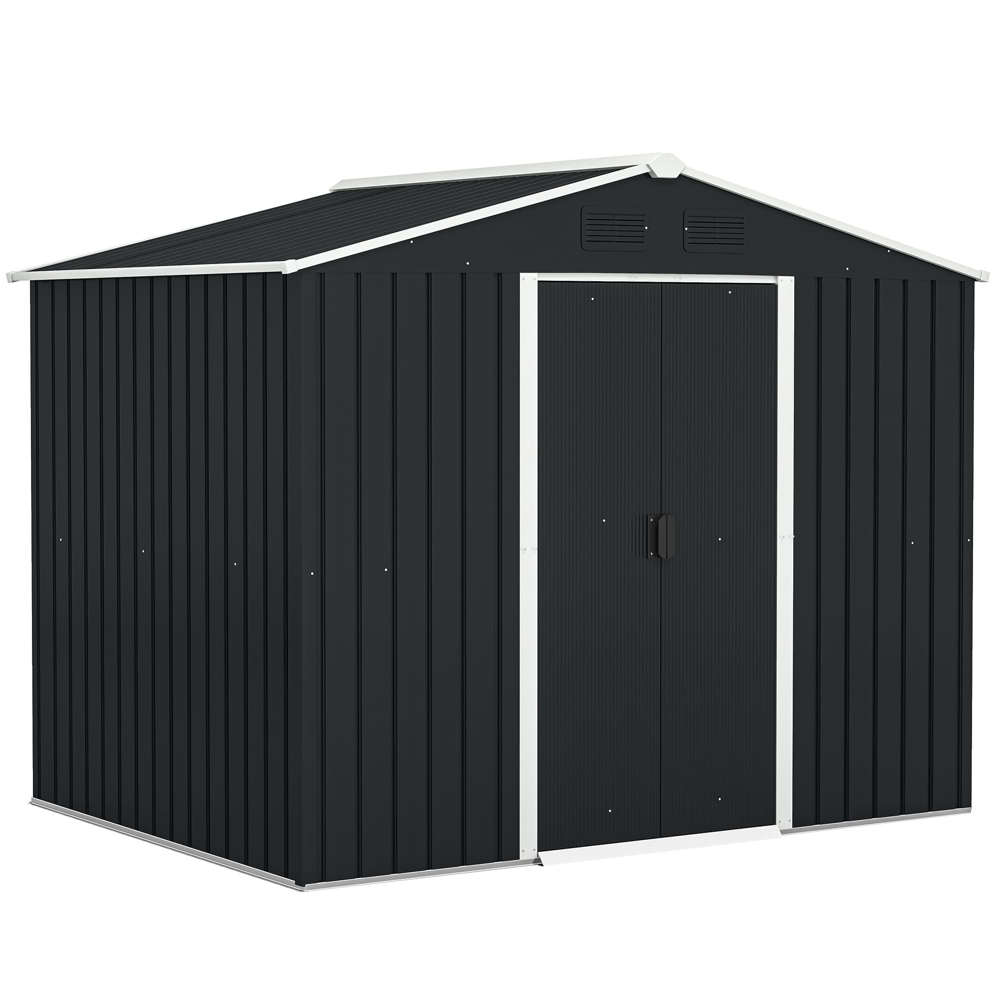 Outsunny 8 x 6ft Garden Storage Shed Double Door Ventilation Windows Sloped Roof Outdoor Equipment Tool, Grey