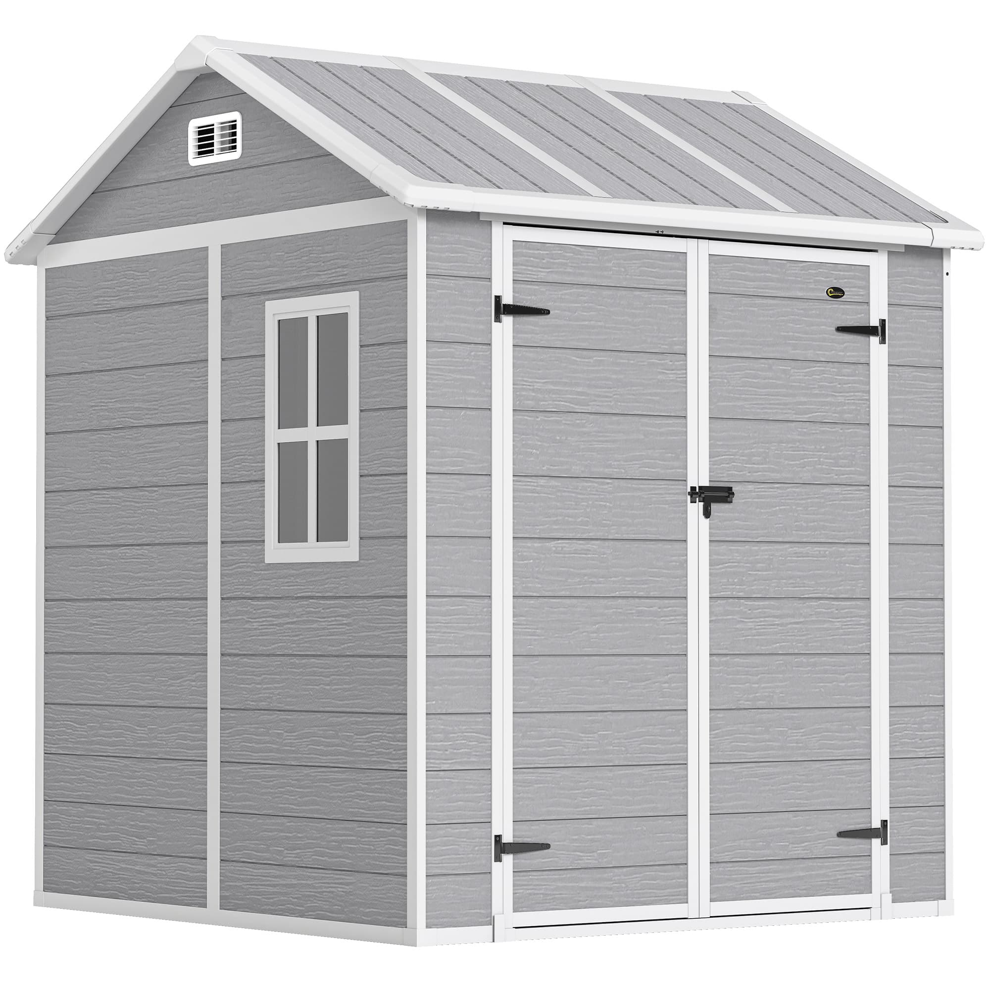 Outsunny 6x6ft Garden Shed with Floor, Lockable Doors, Window & Vents, Wood Effect Resin Tool Storage, Grey | Aosom UK