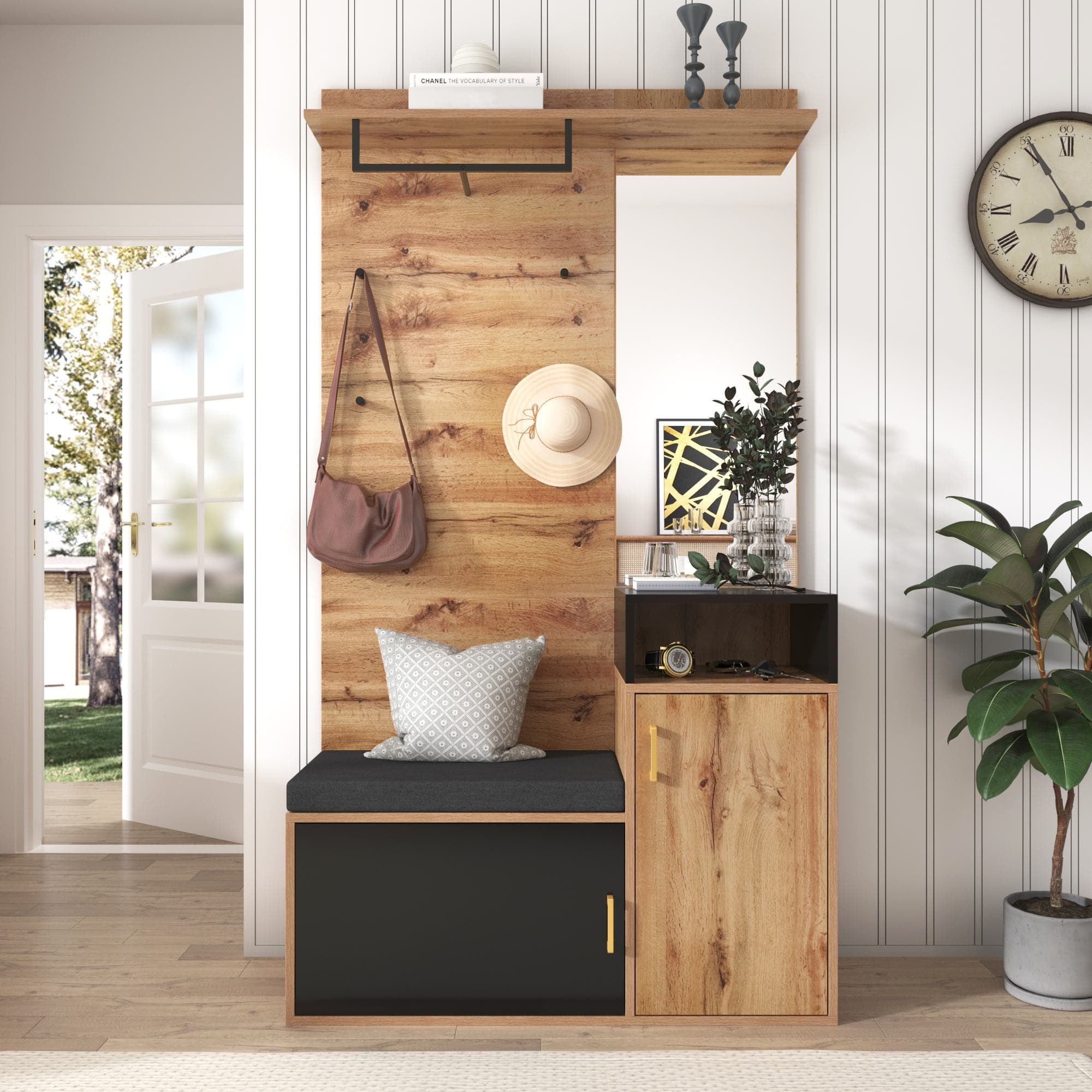 Elegant Hallway Wardrobe with Mirror, Shoe Cabinet, Coat Hooks, Bench Seat, Ideal for Entryway, 105L x 40W x 191H cm, Black & Natural | Aosom UK