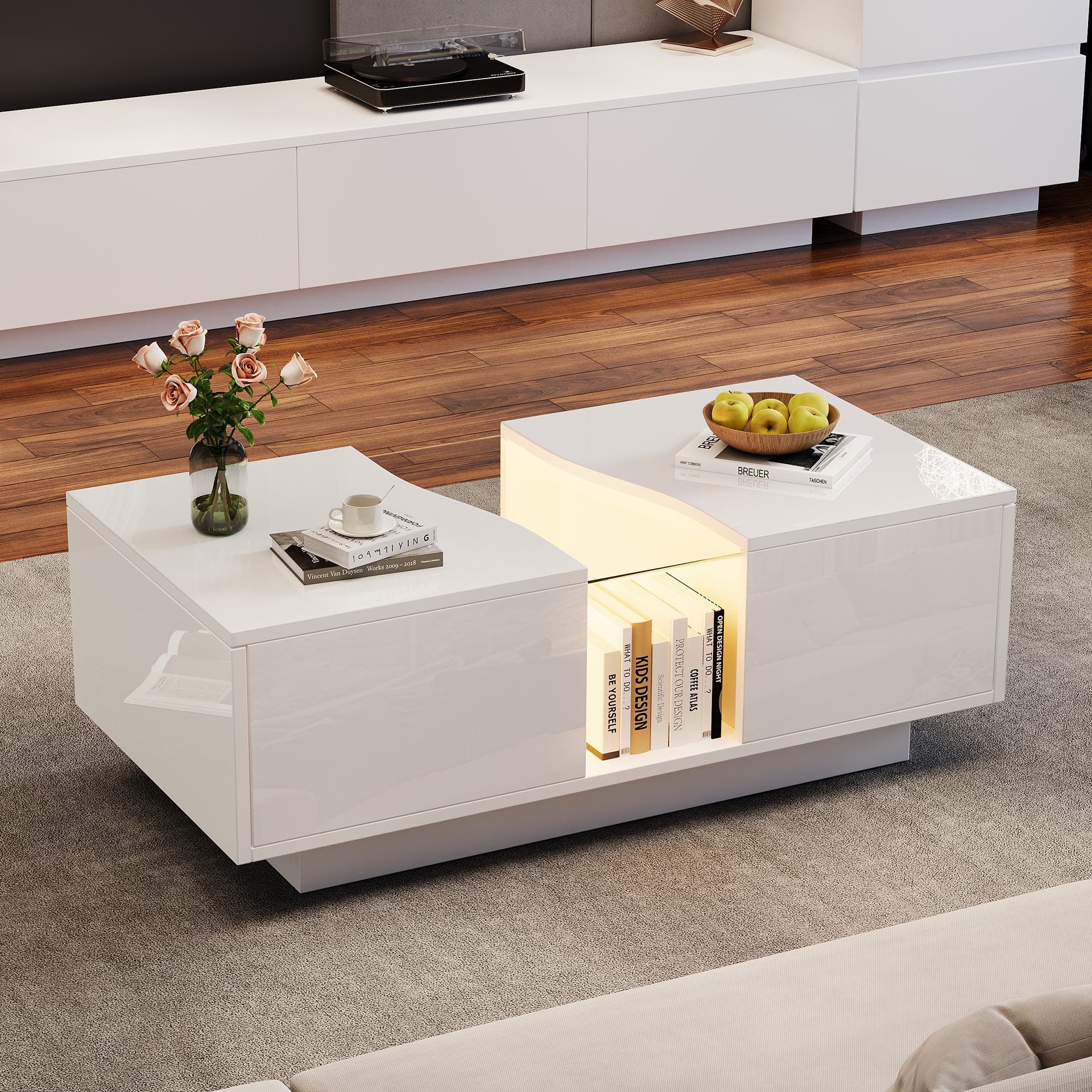 Modern Coffee Table with 2 Storage Drawers, High Gloss Finish, Customisable LED Lights, Ideal for Living Room, 100L x 50W x 35H cm, White | Aosom UK
