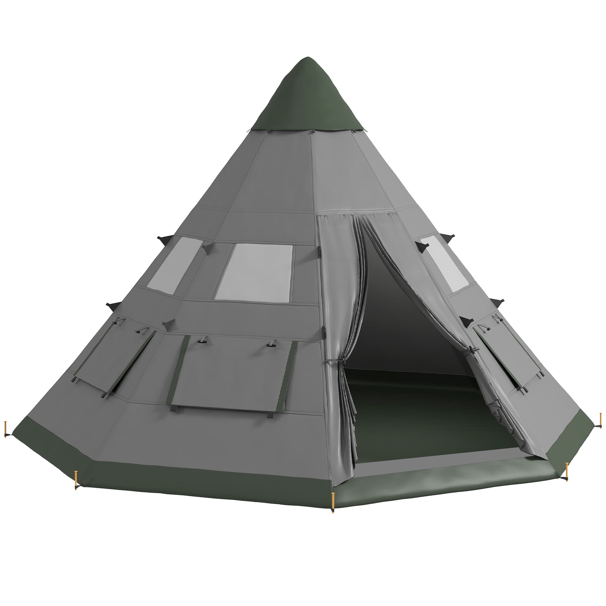 Outsunny 6 Men Tipi Tent, Camping Teepee Family Tent w/ Mesh Windows Zipped Door Carry Bag, Easy Set Up for Hiking Picnics Outdoor Night, Green, Grey