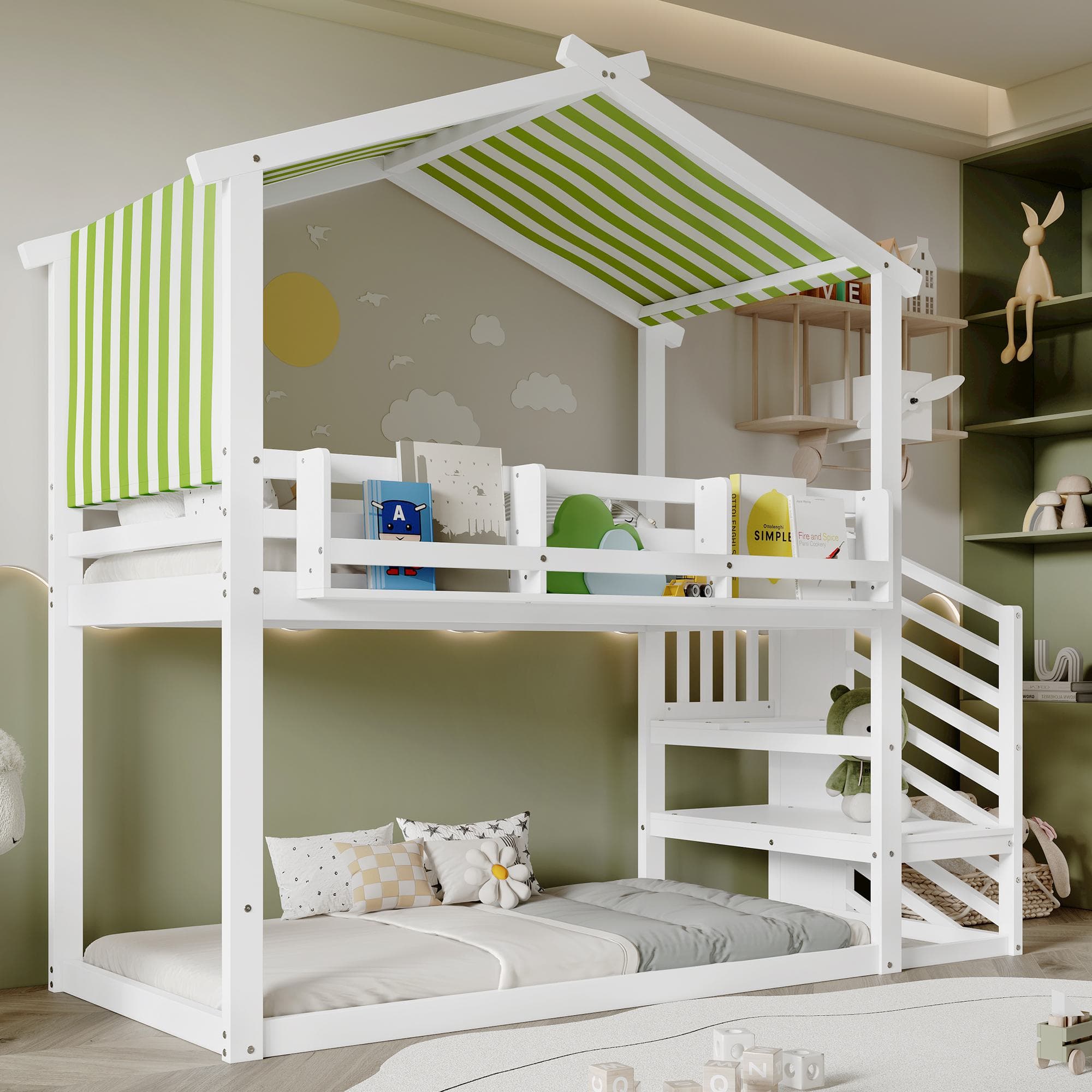 3ft Bunk Bed with Decorative Canopy, Corner Staircase, Picture Bookshelf, Single Bed with Wood Frame, 250L x 108W x 228.5H cm, White+Green | Aosom UK