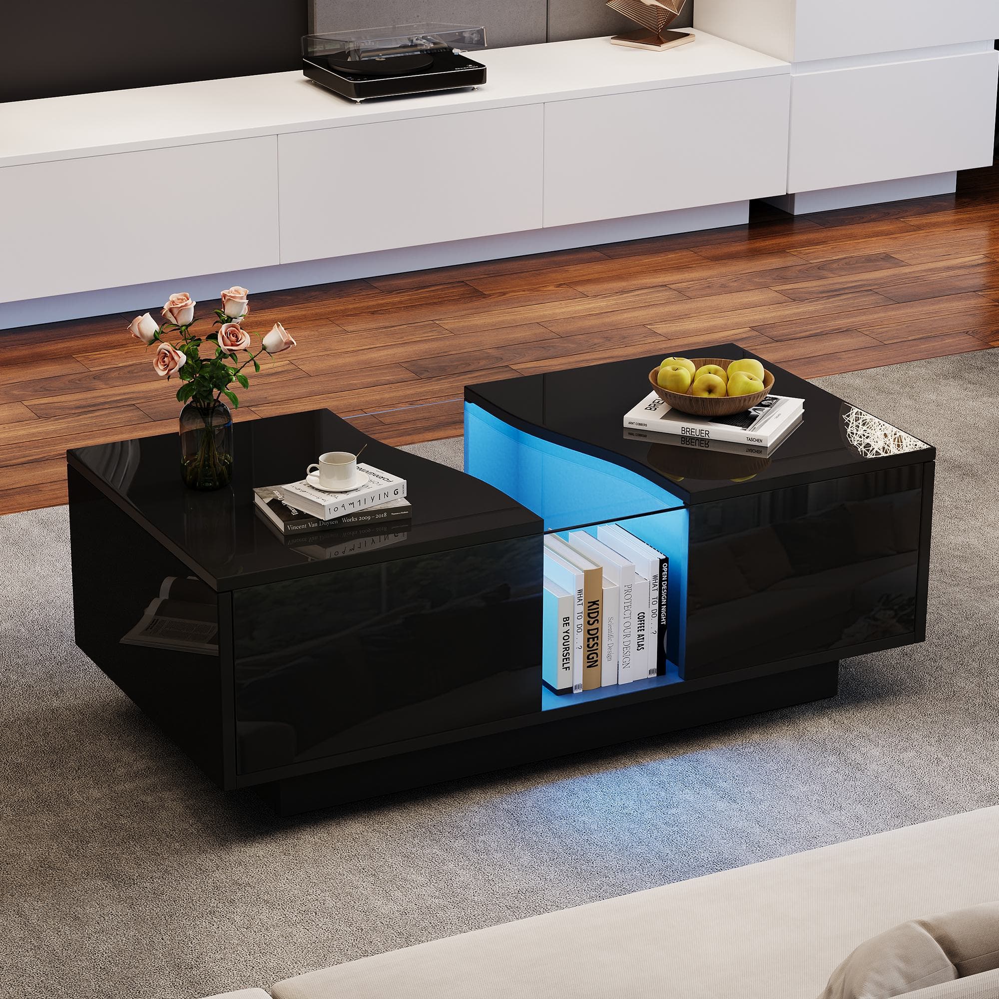 Modern High Gloss Coffee Table with 2 Storage Drawers, Unique Shape Centre Table with Customisable LED Lights, 100L x 50W x 35H cm, Black | Aosom UK
