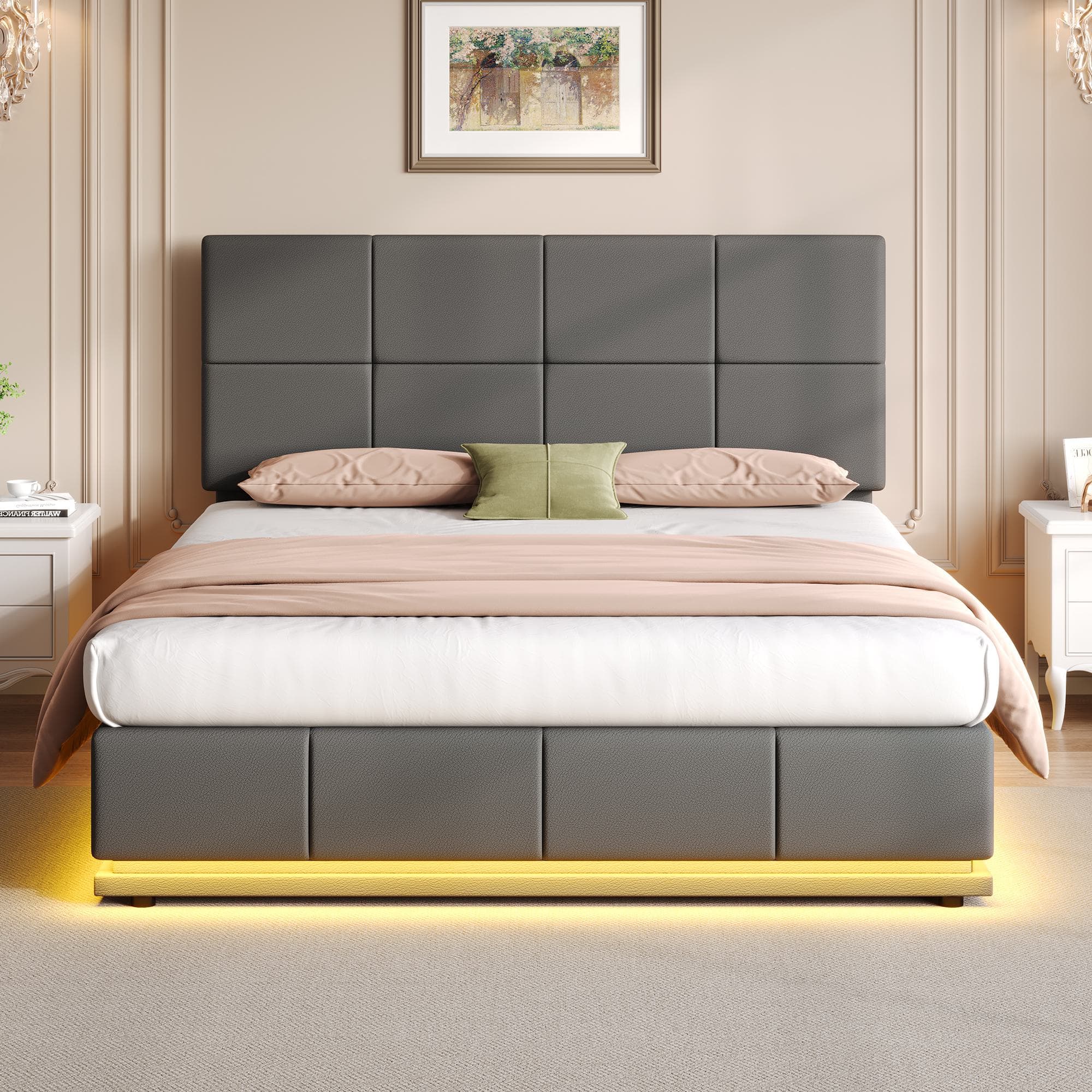 Ottoman Double Bed with PU Leather Finish, Adjustable Headboard, Hydraulic Storage Bed with LED Lighting, 193L x 142W x 111H cm, Grey | Aosom UK