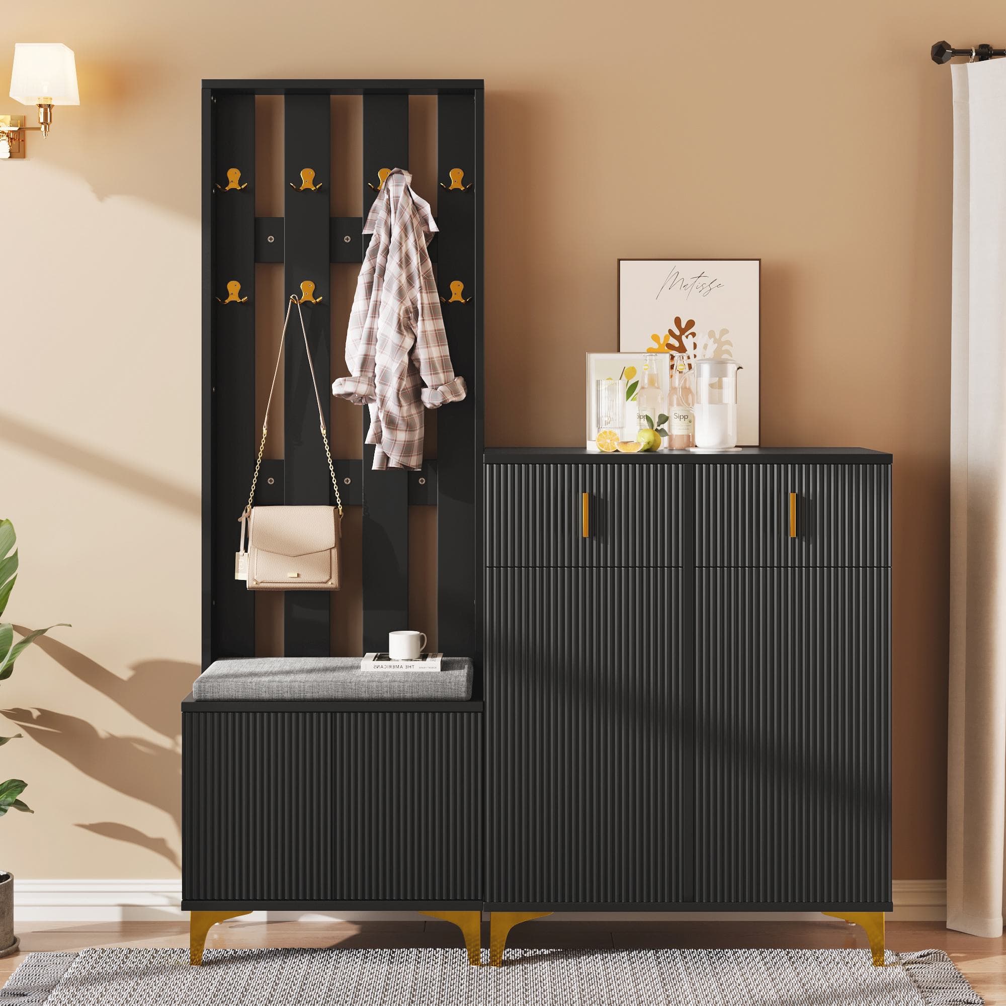 Modern Wardrobe and Drawers Set with Shoe Bench and Cushion, Multiple Compartments, Wavy Texture, Elegant Shoe Cabinet for Entryway, Black | Aosom UK