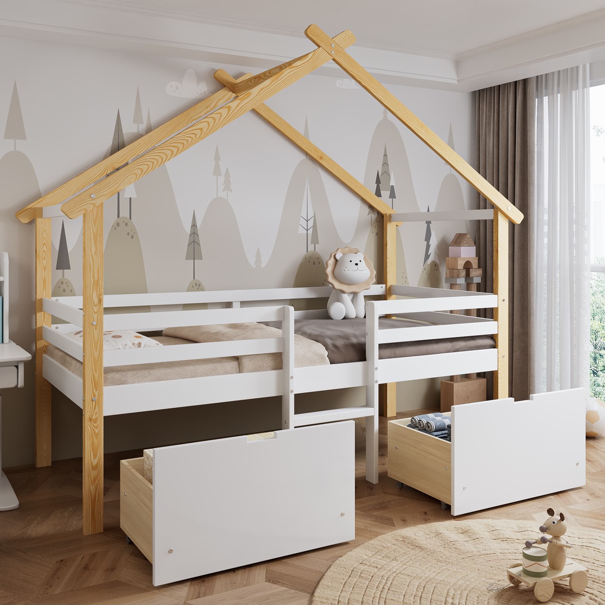 3ft Children's Bed with 2 Storage Drawers, Safety Guardrail, Wood Frame, Single Bed with Roof Design, 201.5L x 95W x 212H cm, White+Natural | Aosom UK