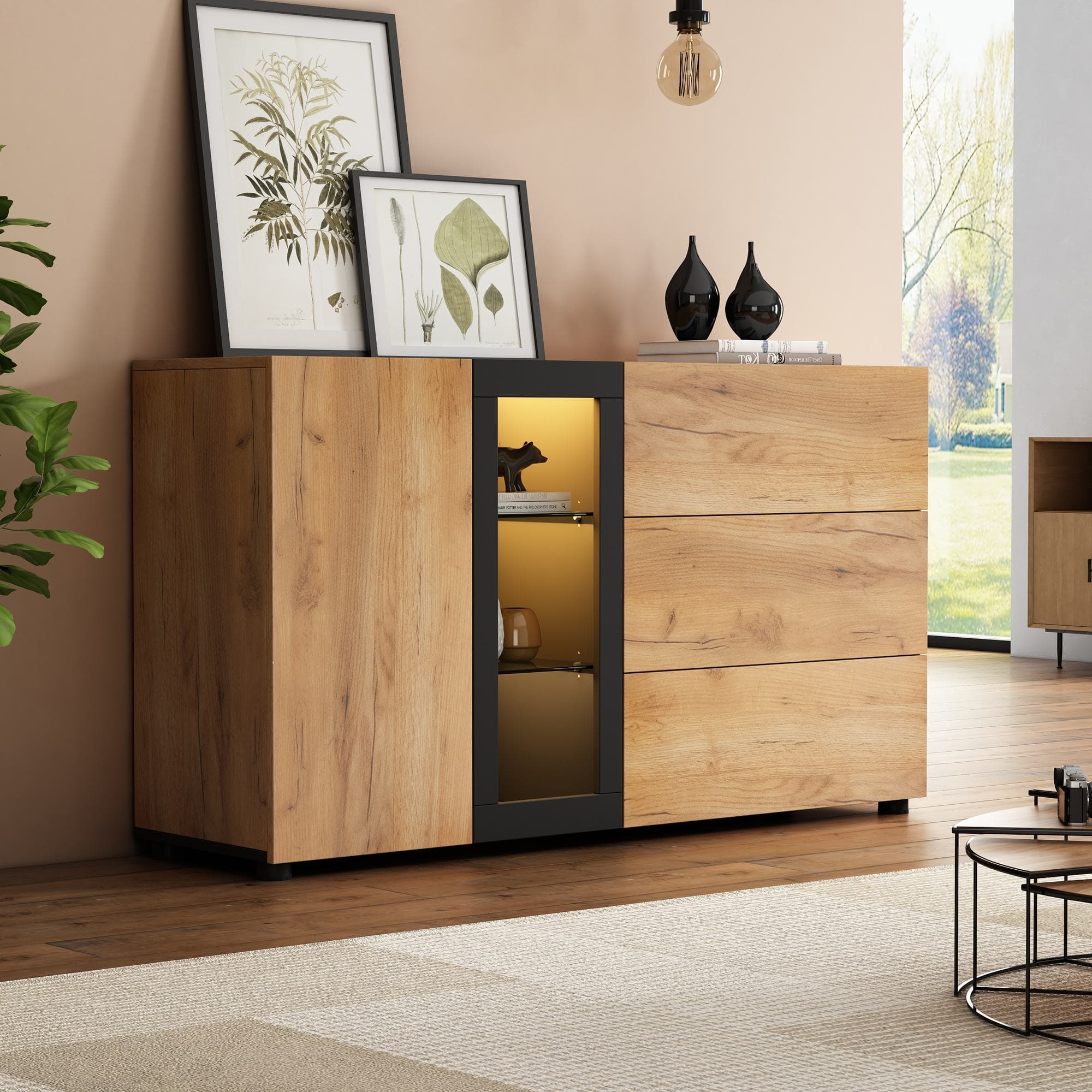 Versatile Storage Cabinet with 3 Drawers, Smart LED Lighting, Sideboard with Adjustable Glass Shelves, 140L x 40W x 80H cm, Black+Brown | Aosom UK