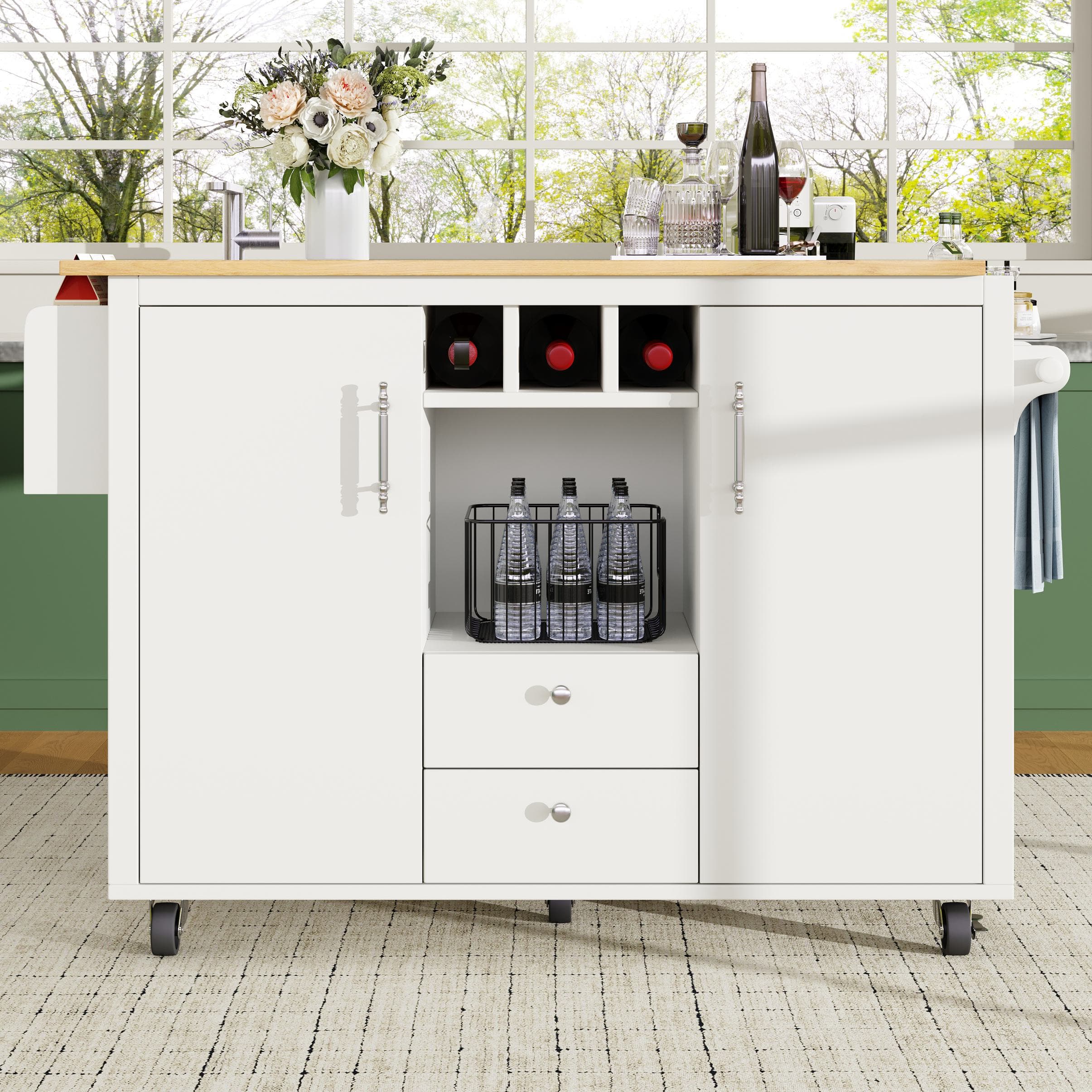 Kitchen Island with Adjustable Shelves, Folding Worktop, Wine Rack, Utility Cart with Towel and Spice Racks, 138L x 73W x 92H cm, White | Aosom UK