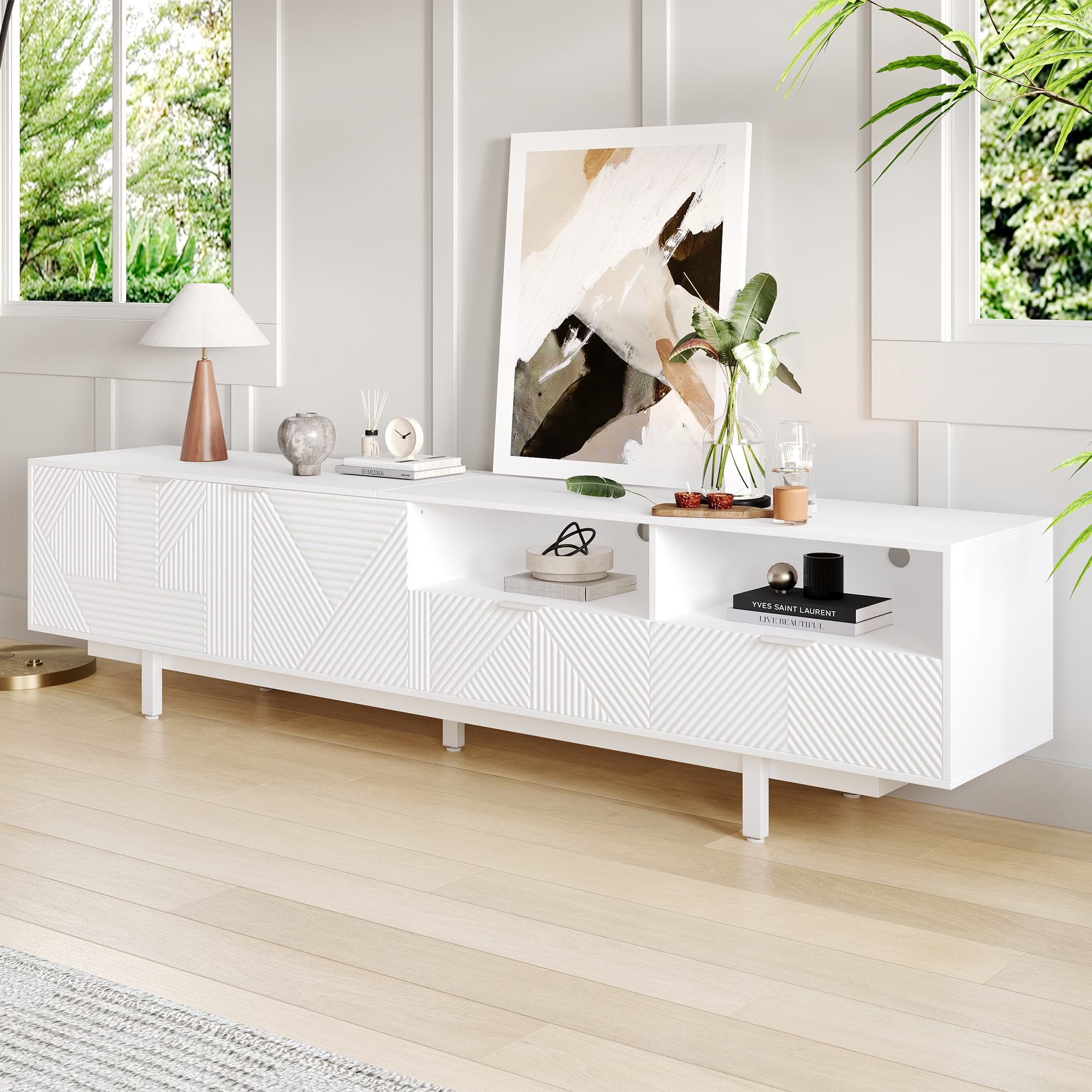 Elegant Bohemian TV Entertainment Center with Cabinet and Drawers, Geometric Lines TV Stand for 90 Inch TVs, 200L x 40W x 51H cm, White | Aosom UK