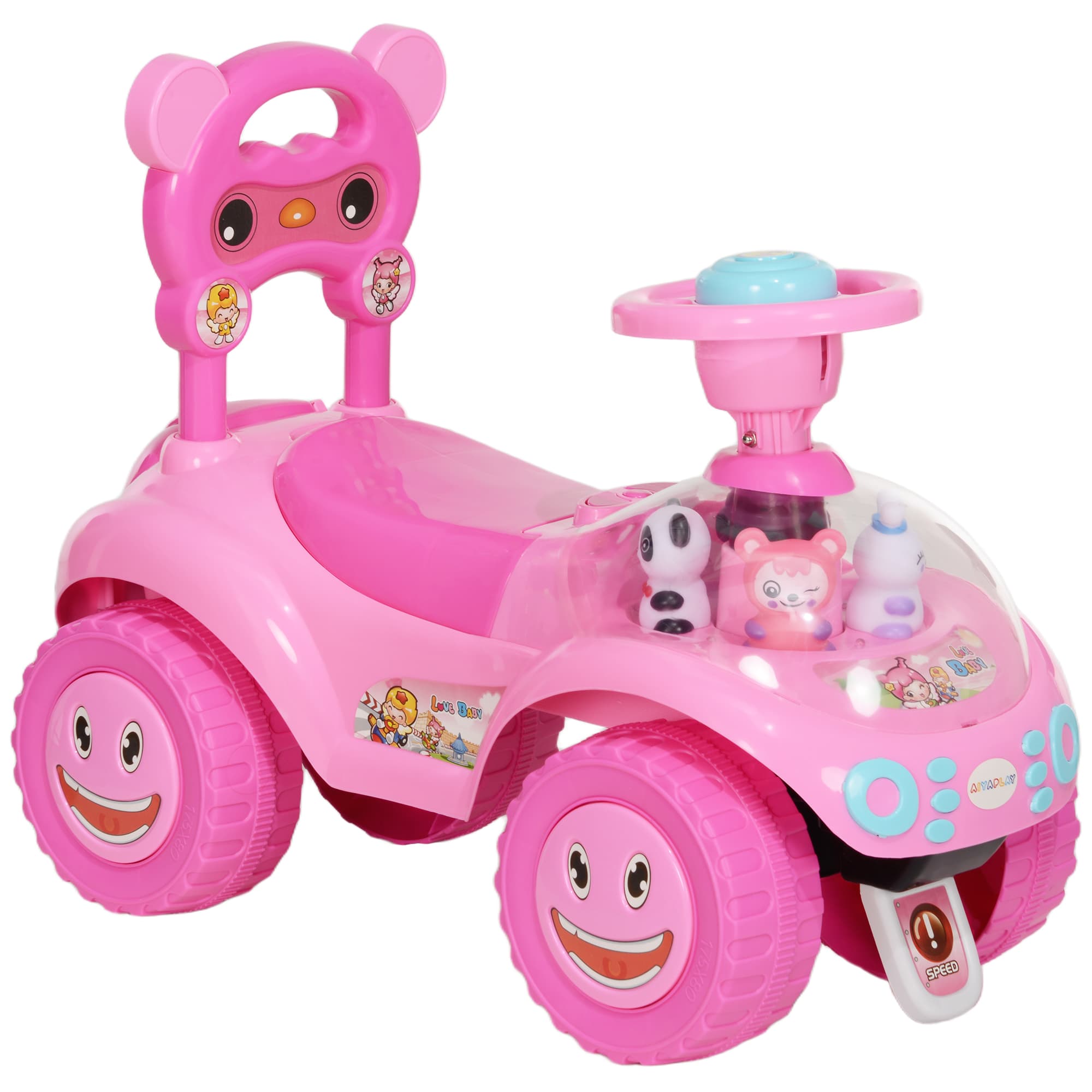 AIYAPLAY Foot to Floor oddler Ride on Toy w/ Music, Light, Horn, Under Seat Storage, Anti-Over-Backwards Device, Pink | Aosom UK