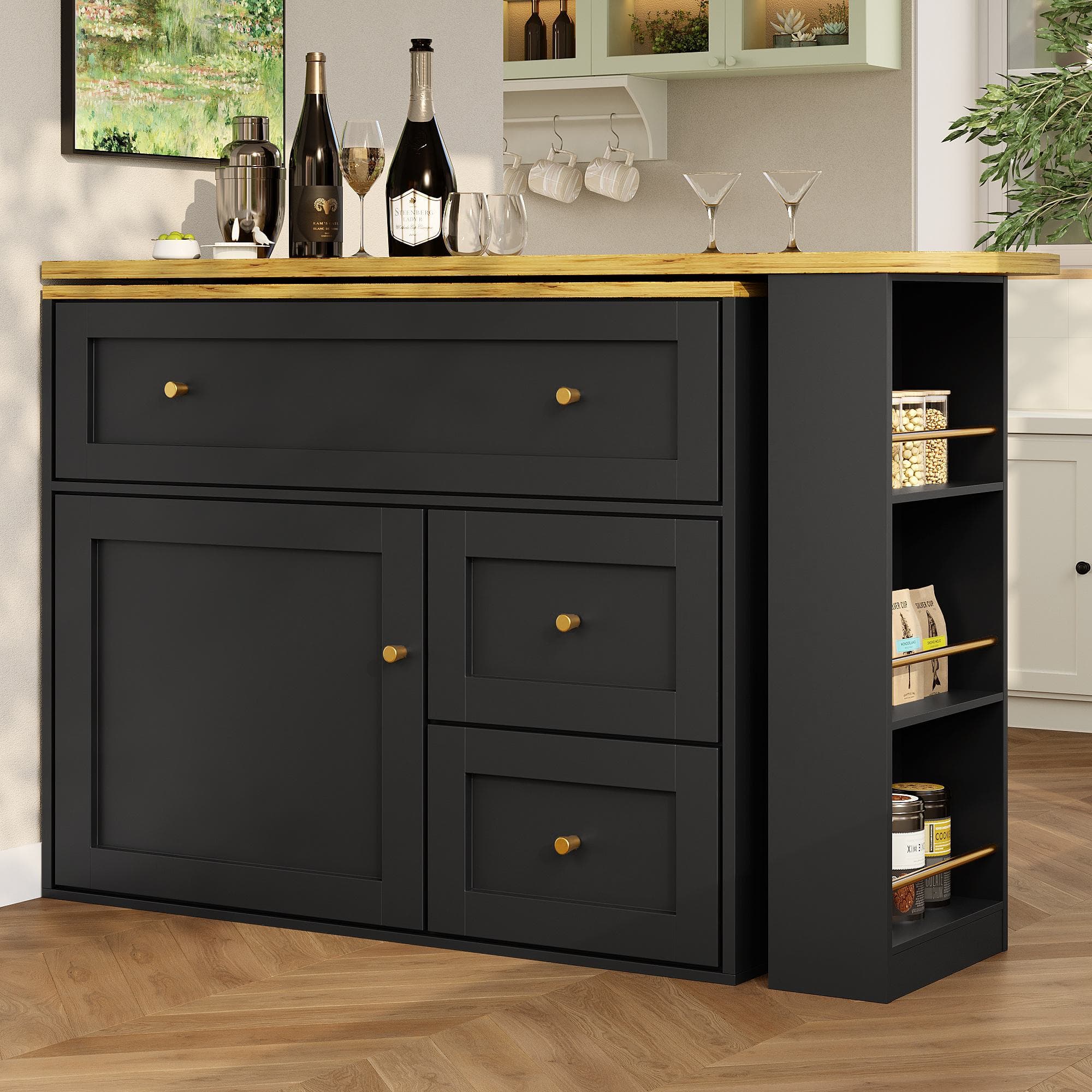 Extendable Bar Table with Storage Space, 360° Rotating Base, Snack Shelf, Bistro Table with Folding Drawers, 204L x 39W x 105H cm, Black | Aosom UK
