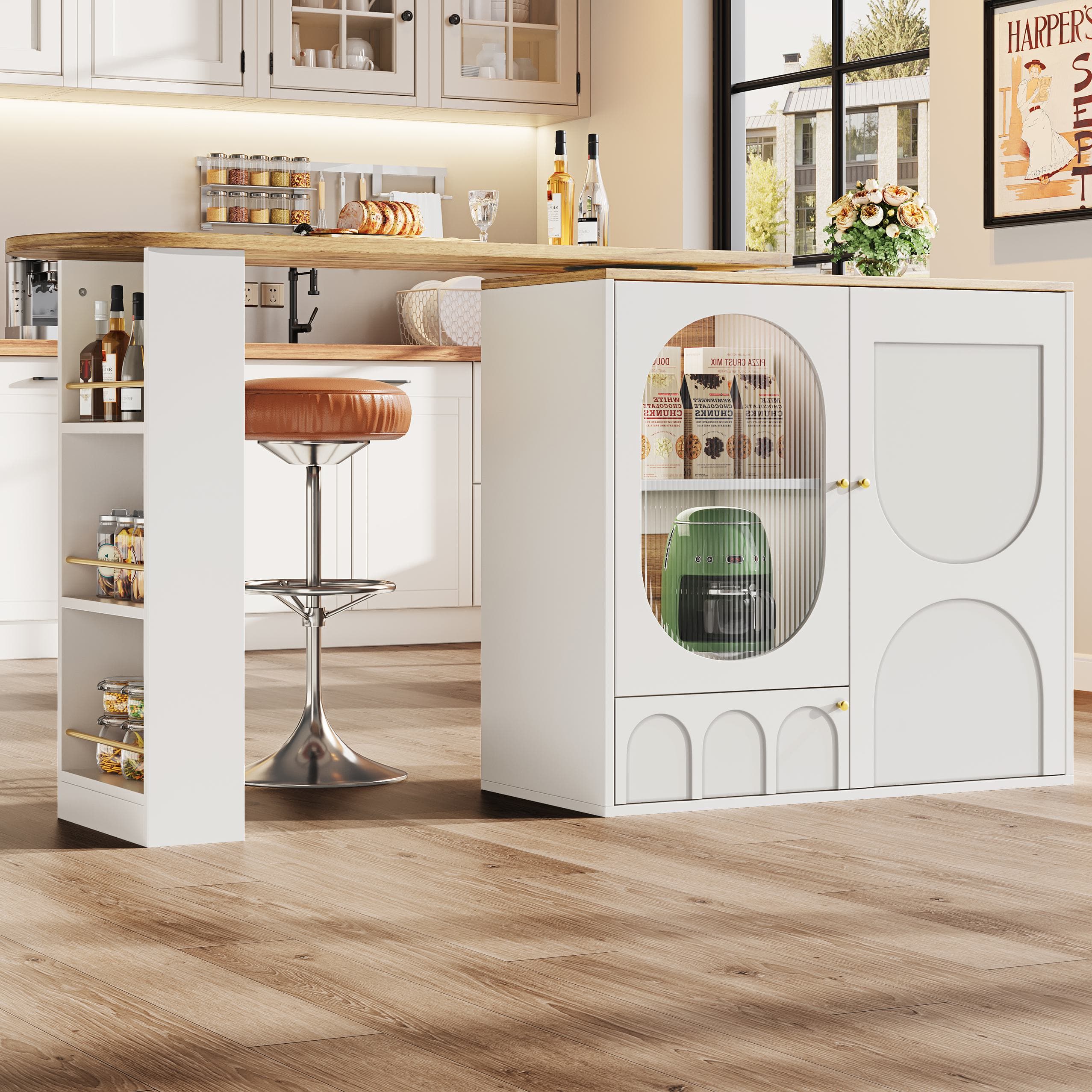 Bar Table with Storage Shelves, 360° Rotating Dining Table & Sideboard with Metal Handles, Space-Saving, 204x39x105 cm, White | Aosom UK